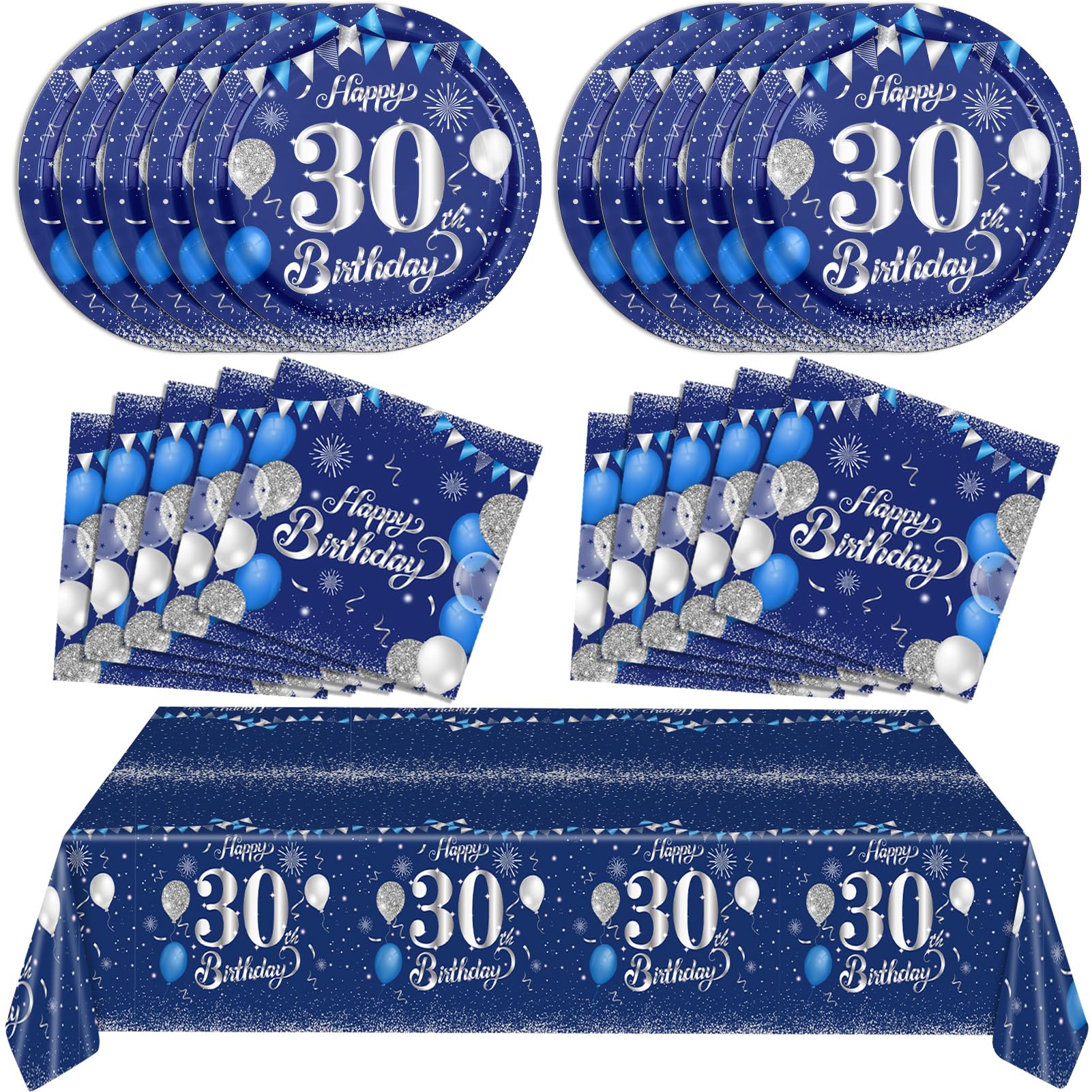 Blue 30th Birthday Decorations for Men Navy Blue Silver Happy 30th Birthday Tablecloth, Plates Napkins for 30th Birthday Anniversary Party Decorations