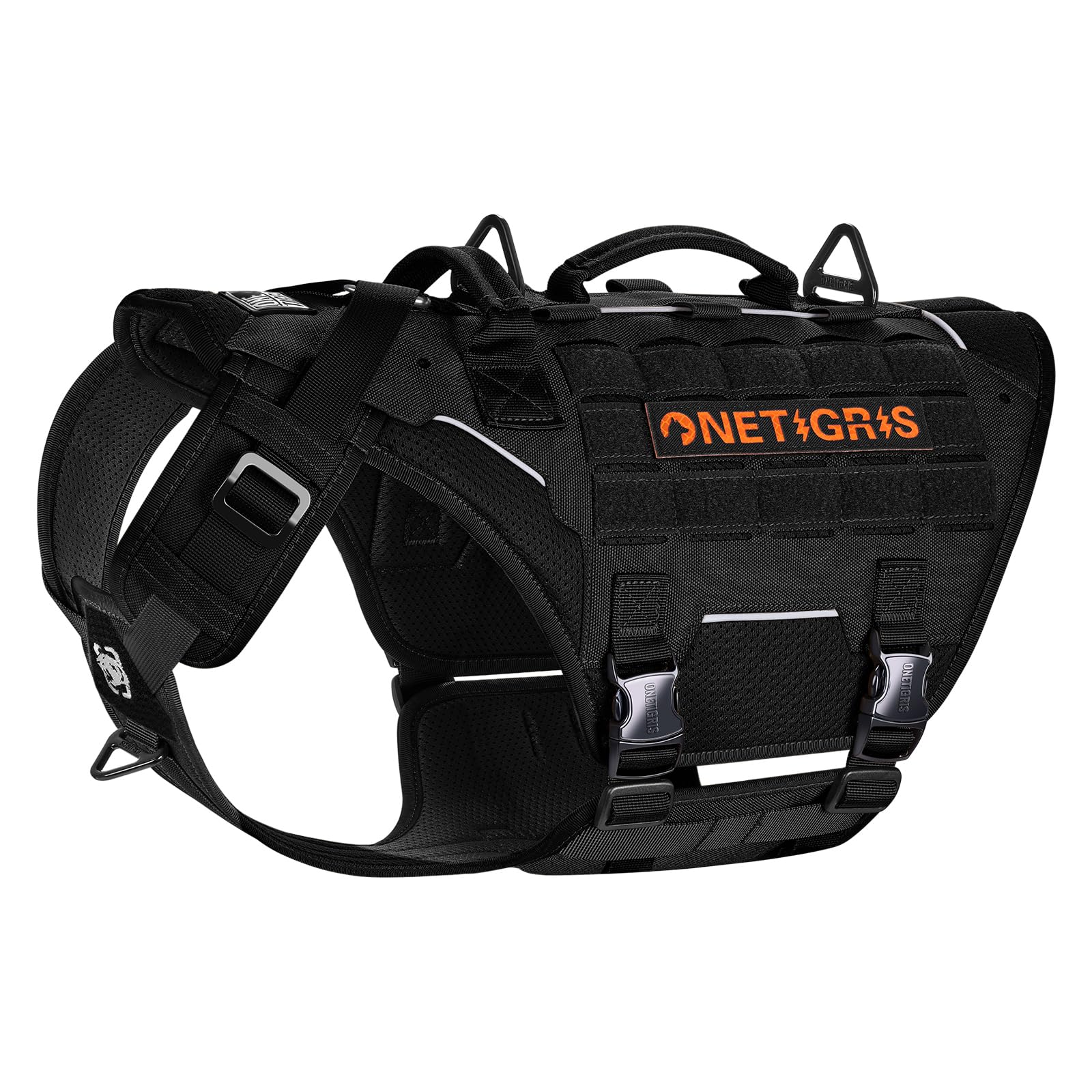 OneTigris Imbracatura tattica per cani, siluro con 4 fibbie in metallo, 3 anelli a D in metallo, 2 manici e strisce riflettenti No-Pull, imbracatura di sicurezza regolabile per cani di taglia