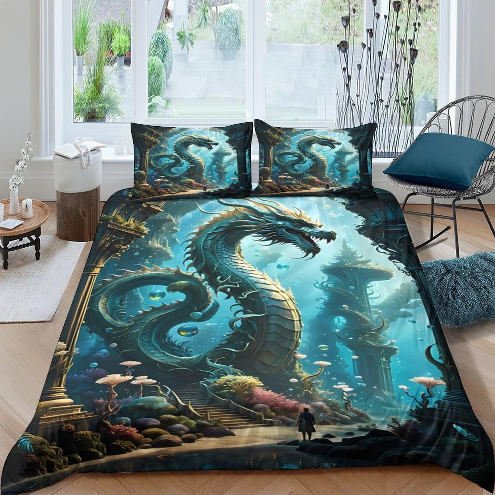 Ctjqhvkz Style-10 3D Printed Ocean Dragon Fitted Sheet Microfiber Deep Sea Serpent Mattress Cover For Bedroom Dorm Apartment Decor Single（135X200cm）