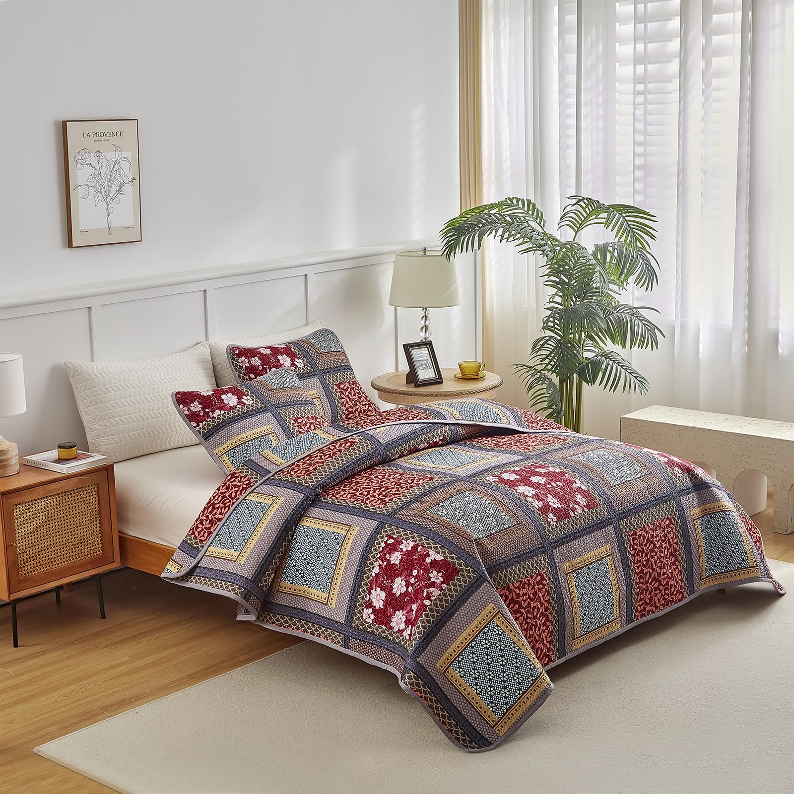 2 Pieces Patchwork Quilt Set Twin Size, Orange Red Floral Farmhouse Bedspread Coverlet Set, Soft Microfiber Reversible Lightweight Bed Cover for Kids (68