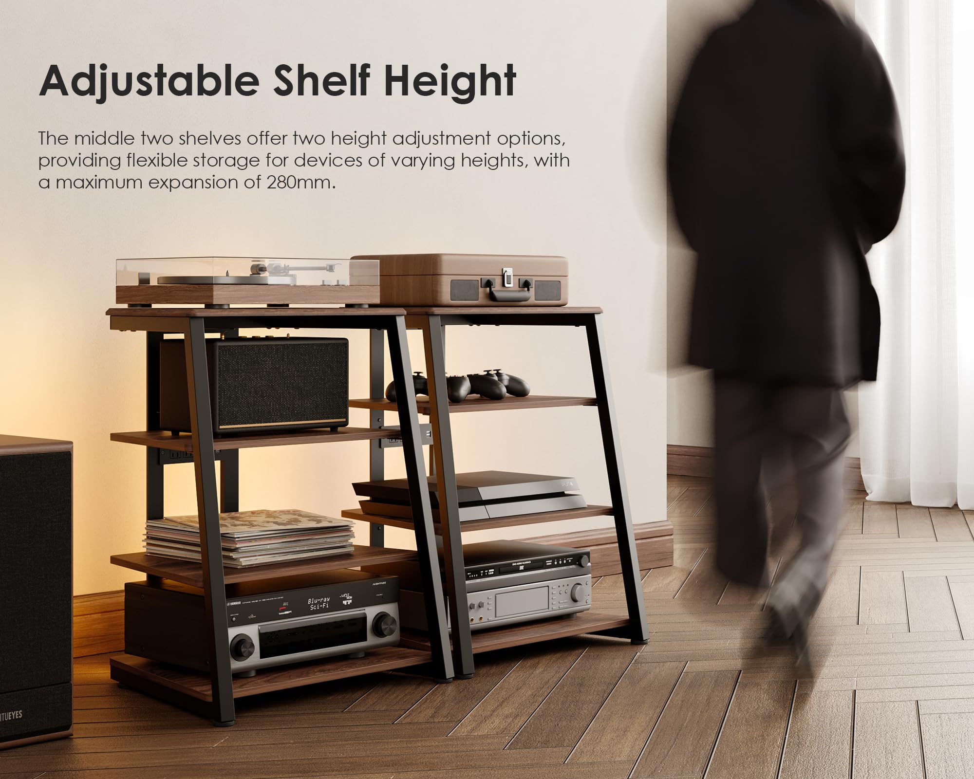 FITUEYES Meuble HiFi en Bois et Acier avec Bande LED 61 x 52 x 78 cm Marron Série Eiffel