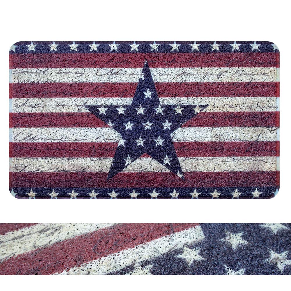 RORA PVC Retro Patriotic American Flag Stars Stripes Outdoor Indoor Welcome Doormat Rubber Back Non-Slip Entryway Rugs Shoes Mat Scraper Carpet Dirt Mud Trapper Rugs Garage Patio Garden(17.3"x29.5")