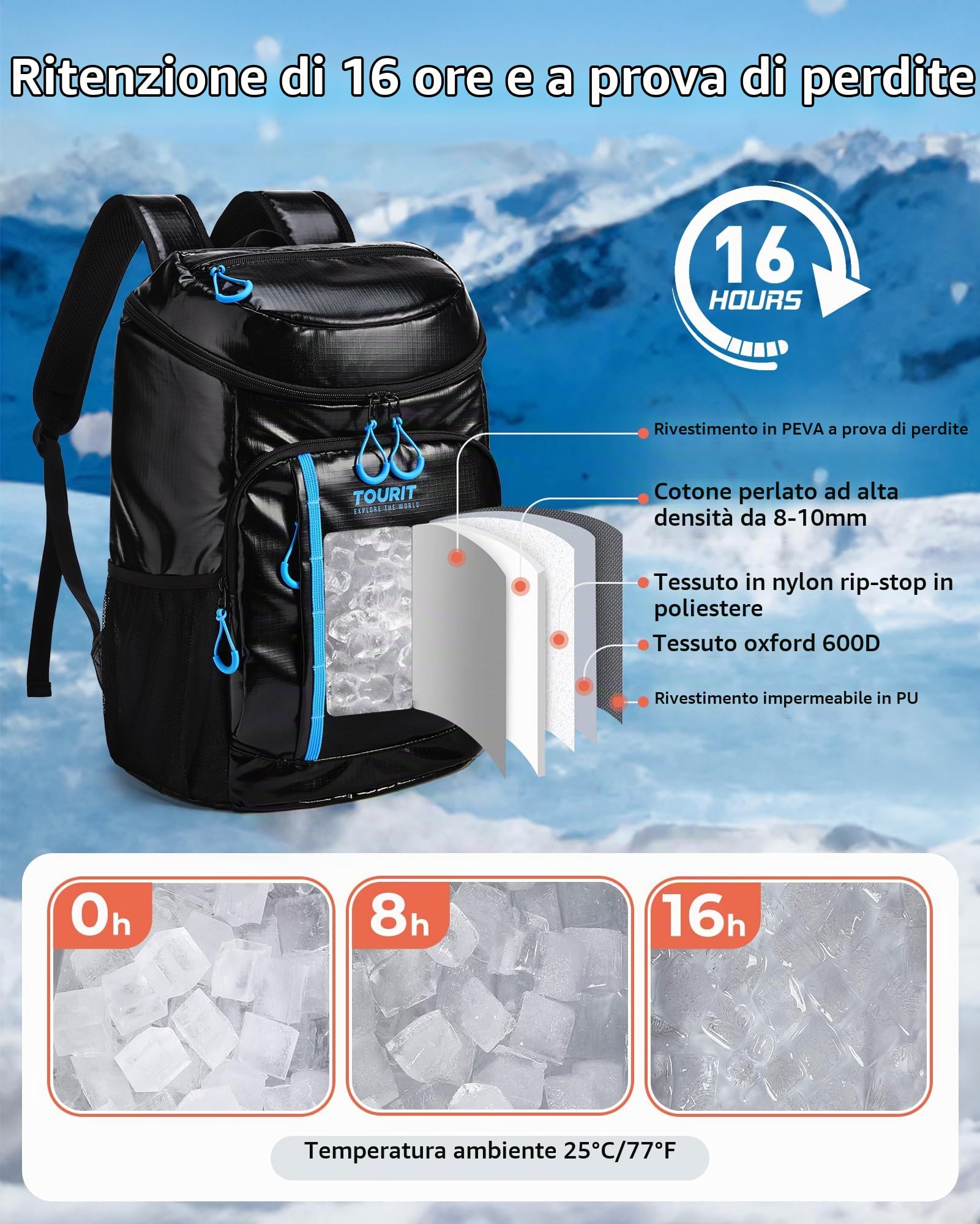 TOURIT Zaino refrigerante, 28 l, con apribottiglie, contiene 30 lattine, grigio