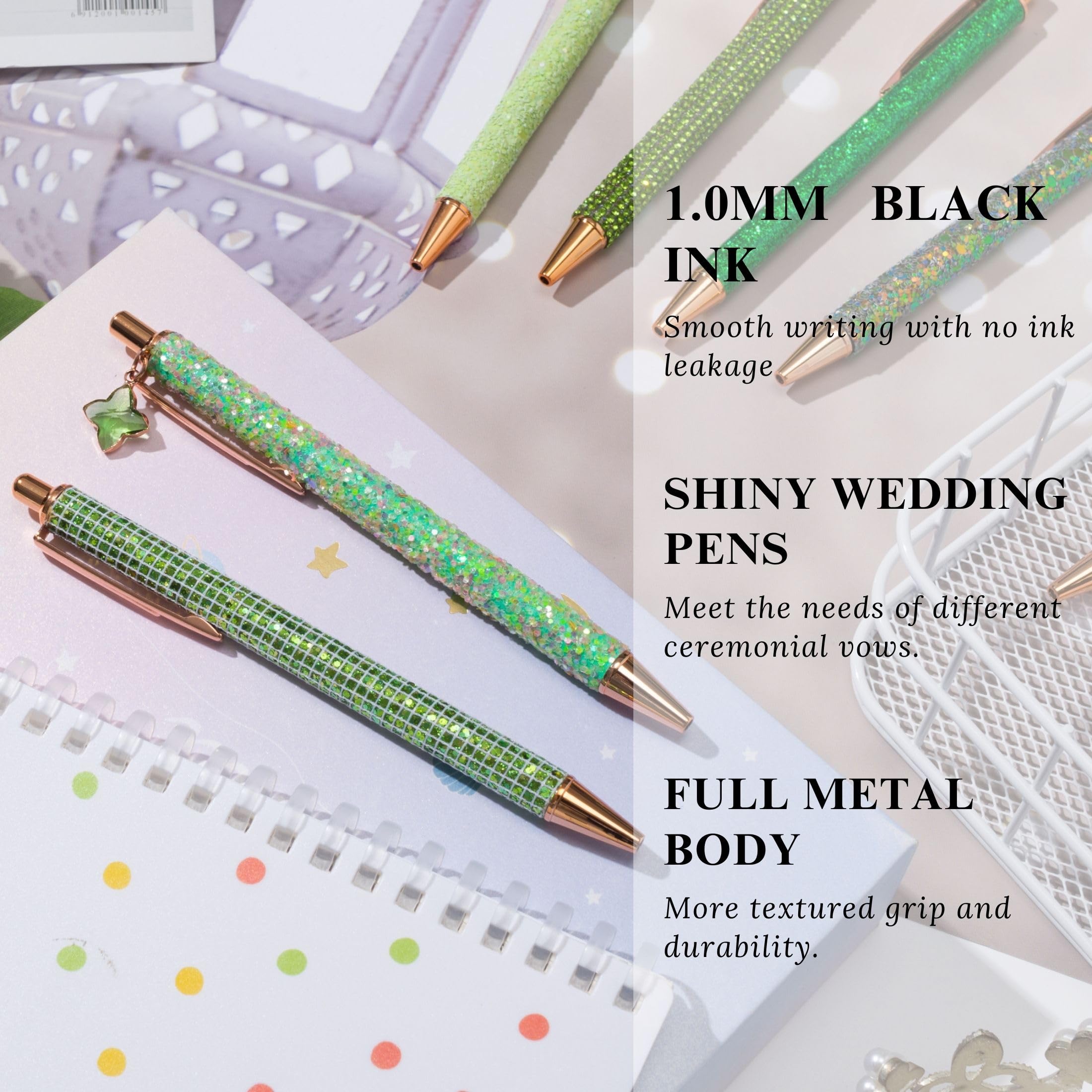 mumrap 9 Pcs Sparkly Pens for Women Fancy Pens with 10 Pcs Black Ink Refills Glitter Pretty pen sets for Ladies Office School Gifts(Green) - Image 2