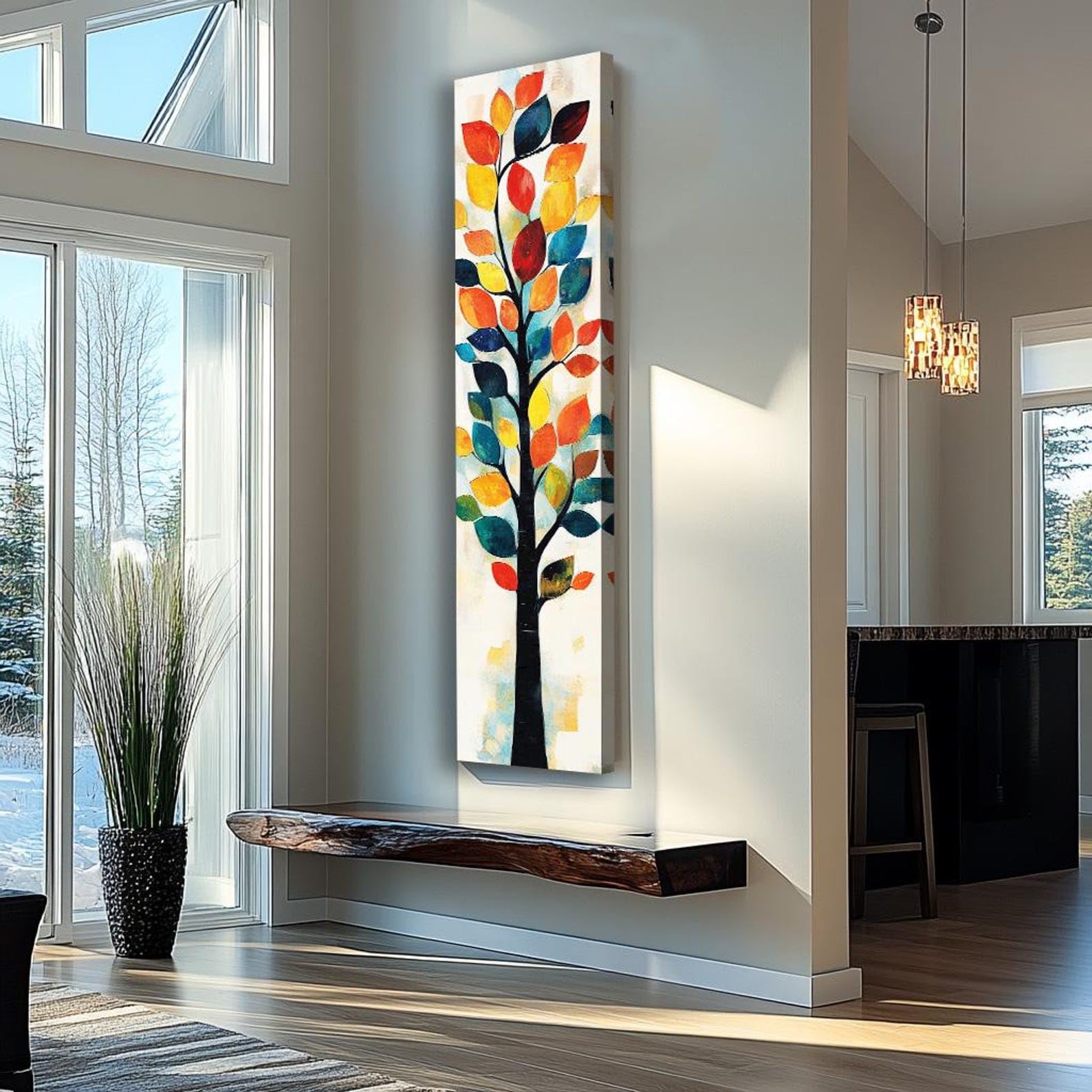 YUSUZHU Quadro murale con albero lungo e stretto, quadro su tela alto e sottile, arte murale naturalistica, quadro murale autunnale verticale, dipinto murale con albero (50x150 cm/cornice interna)