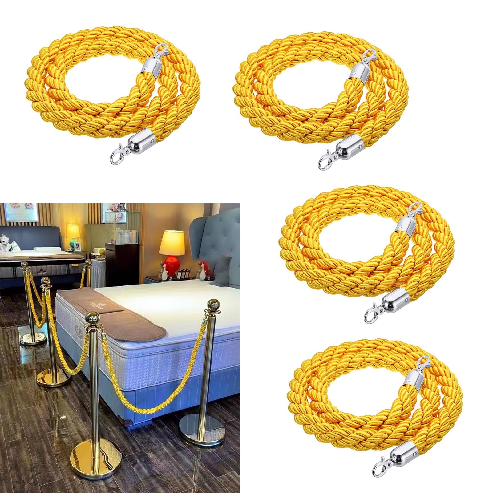 ZBBGTJK 4-Pack Crowd Control Ropes Yellow Hemp Safety Ber Ropes Polished Hook Cinema Queue Ber Silver Hooks 1.4m (4.6ft) Length for Event Management
