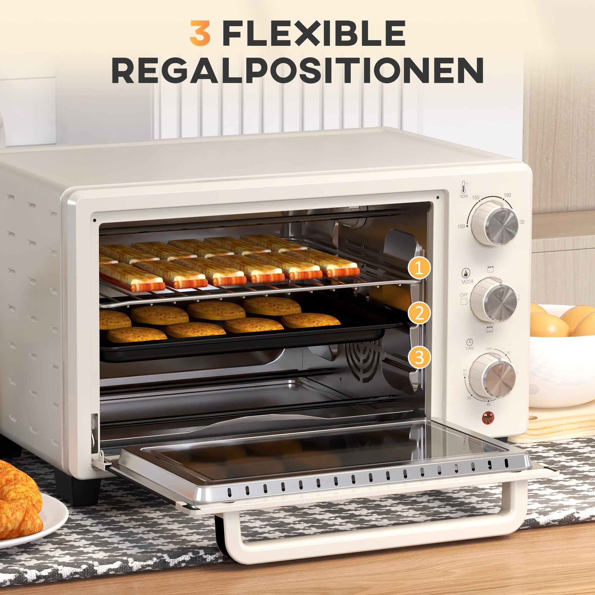 HOMCOM Mini four à pizza de 21 l, miniofen inkl. Backblech, Grillrost und Krümmelblech, 1400W Tischbackofen mit 1h Timer, Ofenrost, 100-230℃, Metall, Creme