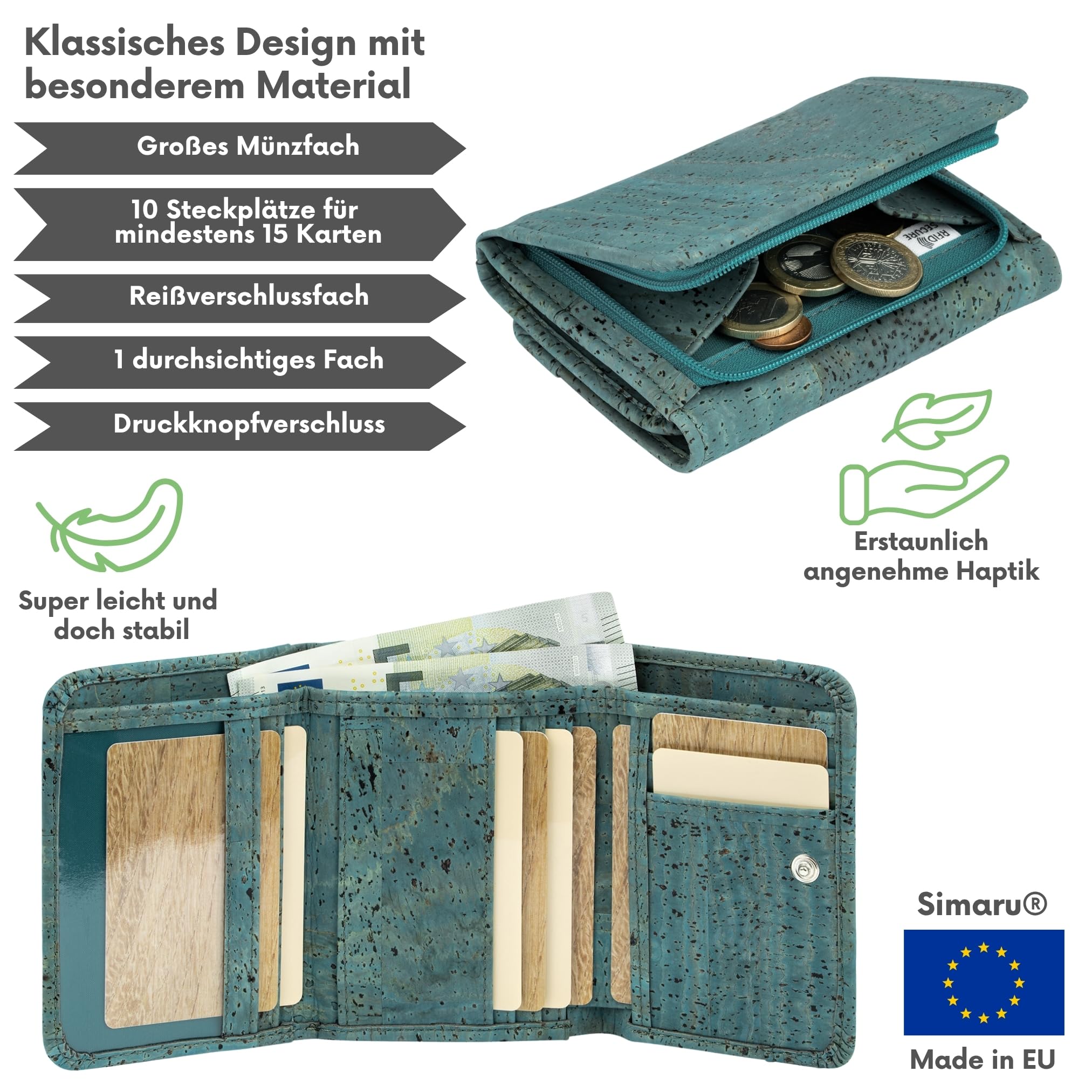 Simaru Damen Geldbörse, Portemonnaie aus Kork, Veganer Damengeldbeutel für 9+Karten, RFID-Schutz, Schein- & Münzfach (Türkis)