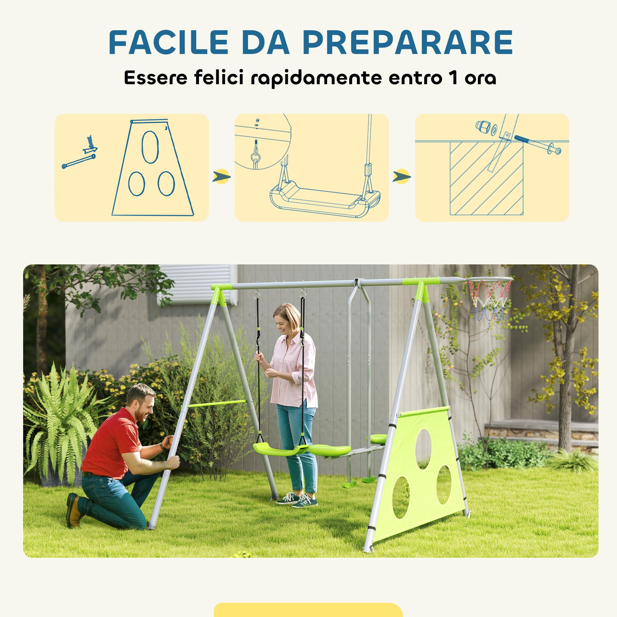 AIYAPLAY Set Altalena da Giardino per Bambini 3 in 1 con Altalena per Bambini, Canestro da Basket e Porta da Calcio, Gioco per Bambini 3-8 Anni con Telaio ad A in Metallo per Uso Esterno, Carico 90kg