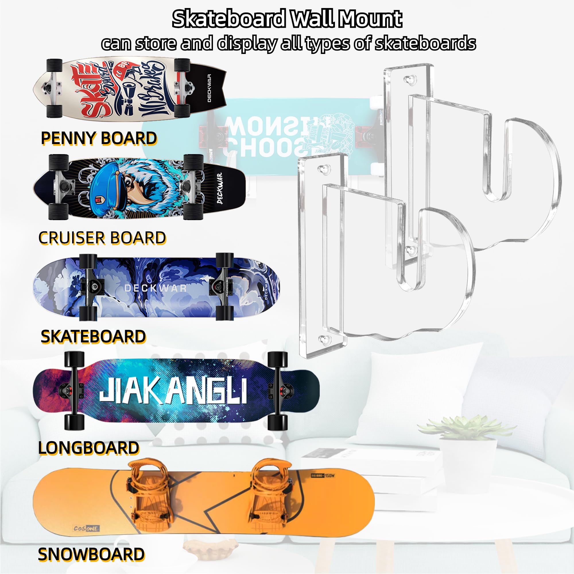 BiJun Skateboard- und Snowboard-Wandhalterung - Acryl, Horizontale Halterung, Aufbewahrung, Aufhänger (Transparent, 4 Stück)