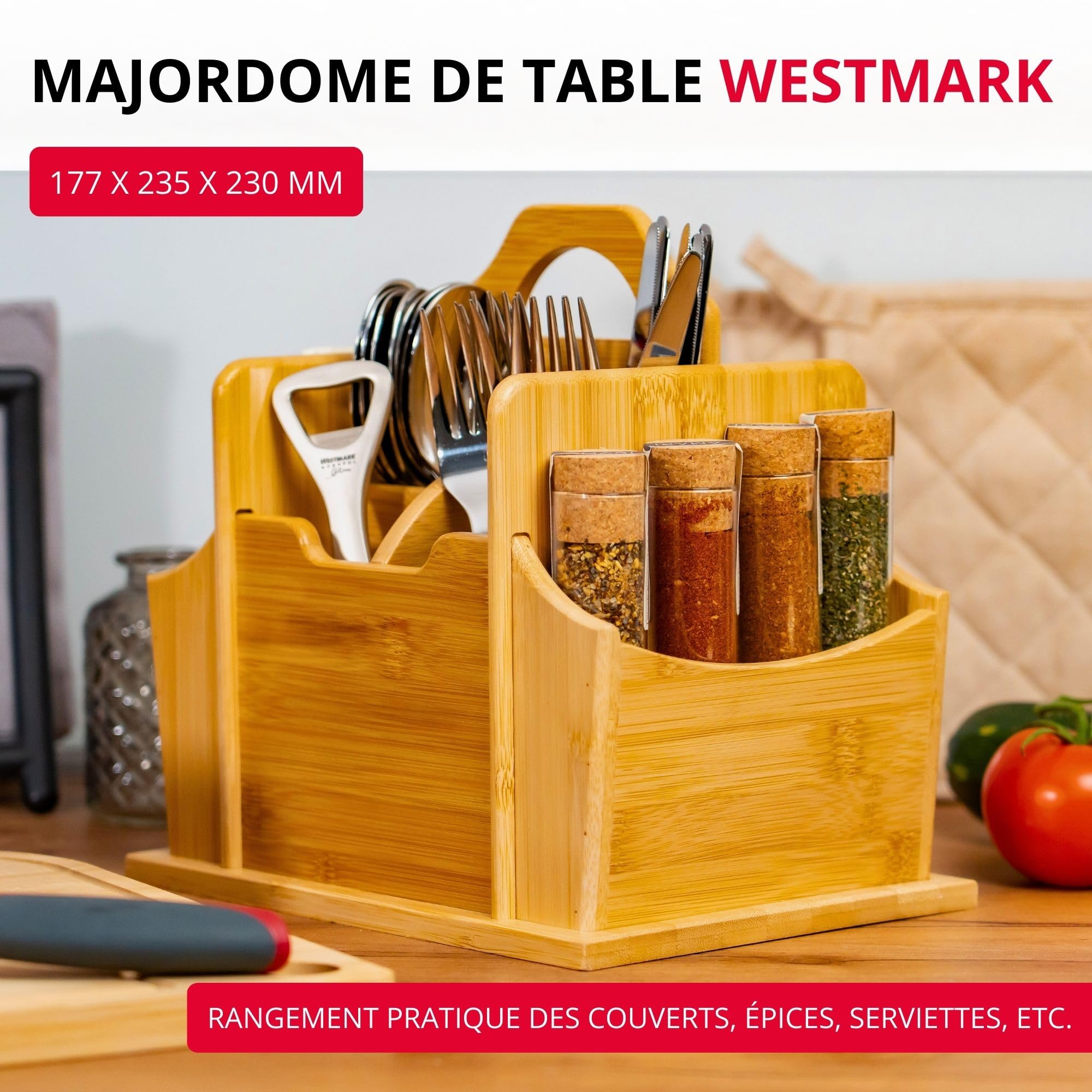 Westmark Tischbutler Tapas + Friends - Practical Table Organizer with 7 Compartments - Cutlery Basket and Napkin Holder - Utensil Holder for Dining Table and Party - Bamboo