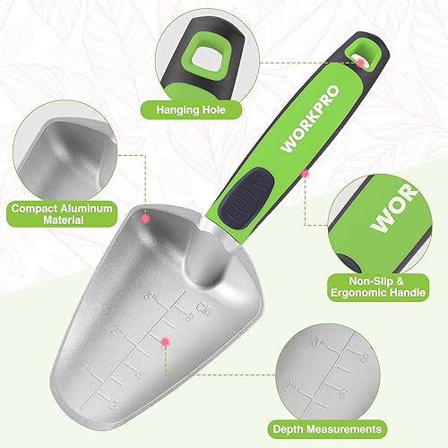 Vista 7 de WORKPRO Juego de herramientas de jardín de 5 piezas, con recubrimiento en polvo, juego de herramientas de jardinería de aluminio compacto con Verde