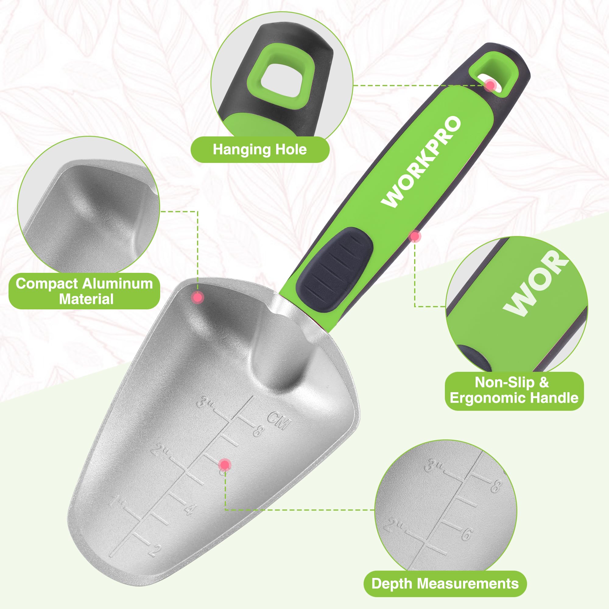 WORKPRO 5-teiliges Gartenwerkzeug-Set, Pulverbeschichtung, kompaktes Aluminium-Gartenwerkzeug-Set mit Umtopfmatte, Outdoor-Garten-Handwerkzeuge, ideales Gartengeschenk, Grün