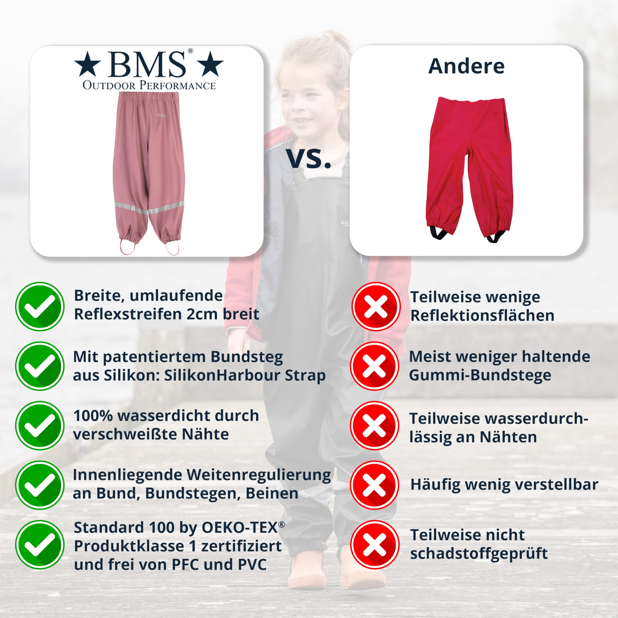 BMS® Schneehose gefüttert ohne Träger für Kinder, ideale Winter-Matschhose und Buddelhose mit kuscheligem Fleece, 100% wasserdicht, besonders hautfreundlich und weich Softskin, Oeko-Tex