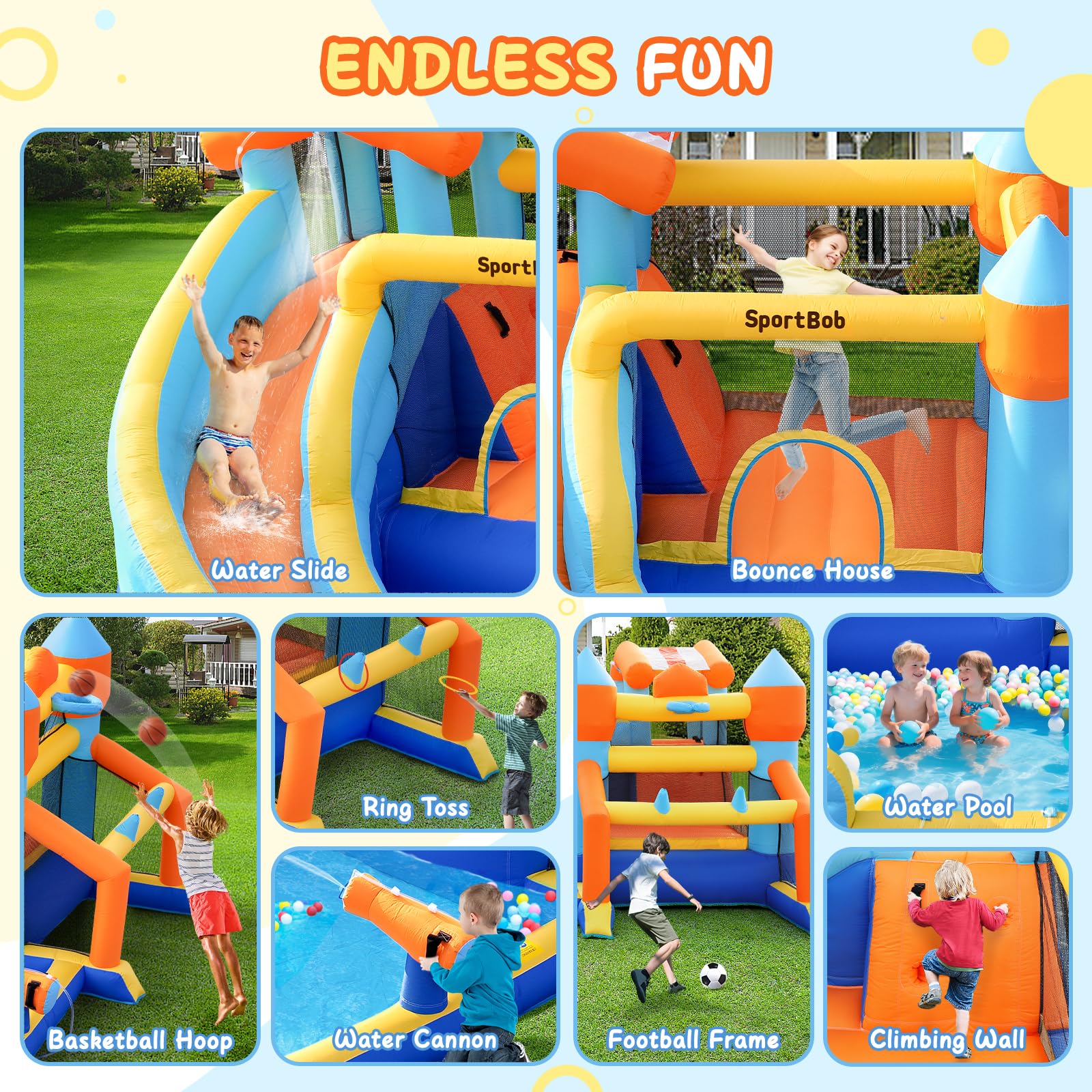 Gonfiabile per Bambini da Esterno e Interno, Castello Gonfiabile per Bambini con Scivolo Gonfiabile, Porta da Calcio, Cannone Acqua, Canestro Basket, Gioco degli Anelli per Giardino