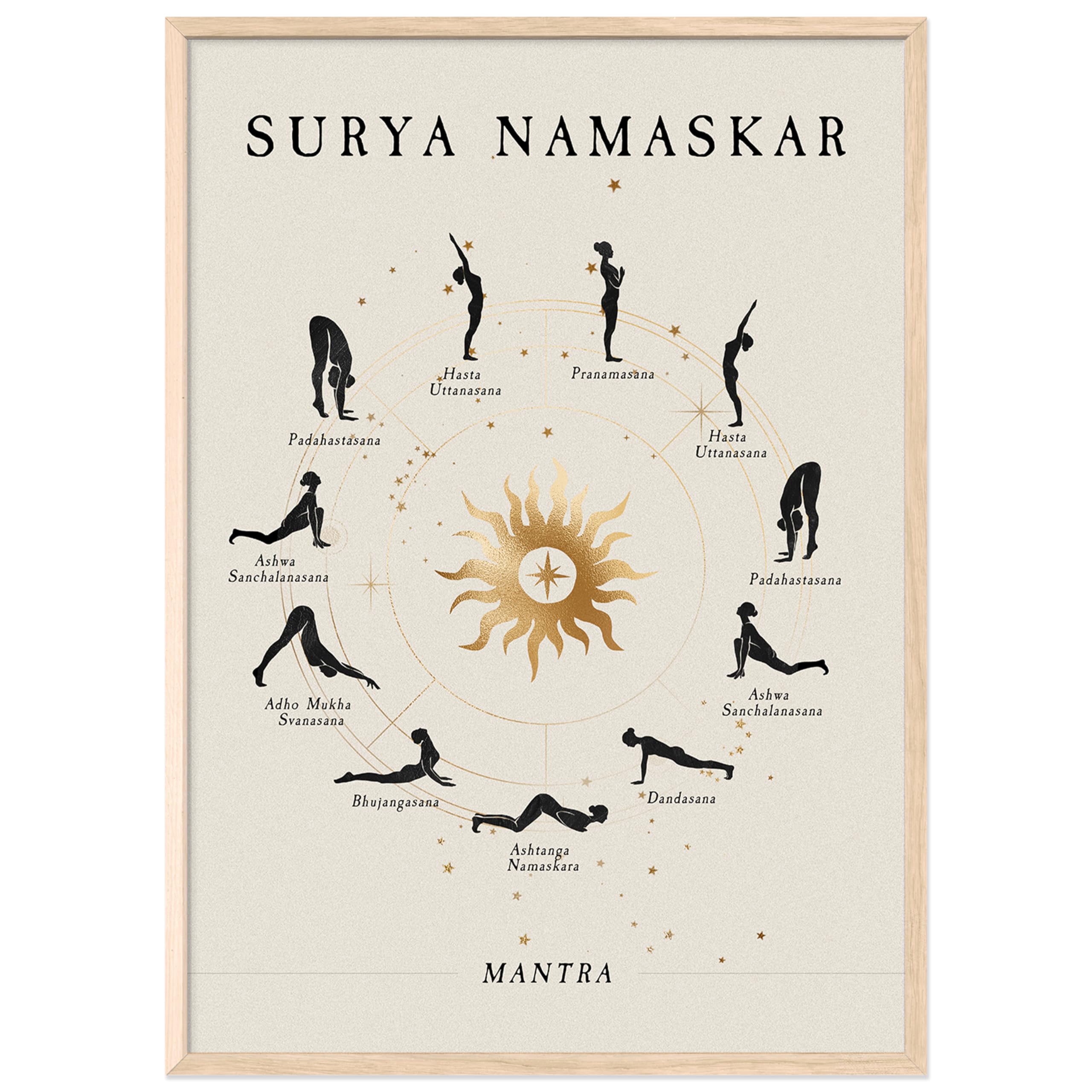 JUNOMI® Sonnengruß Poster DIN A2 Rahmen Natur | Yoga Sonnengruß | Boho Wanddeko fürs Yogastudio und Schlafzimmer, der vollständige Ablauf im Kreis um eine goldene Sonne