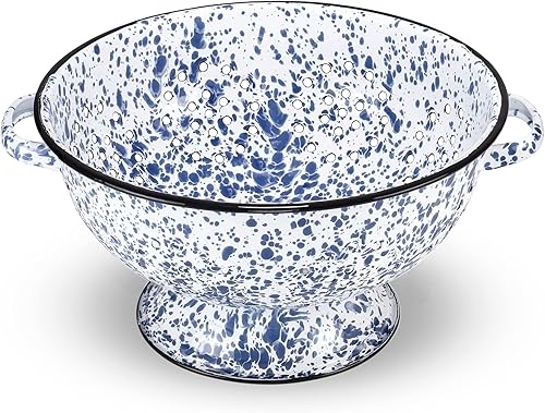 Miniatura 3 de Red Co. Enamelware Metal Classic - Colador redondo de 10.5 pulgadas con dos asas, mármol azul marinoborde negro, diseño de salpicaduras