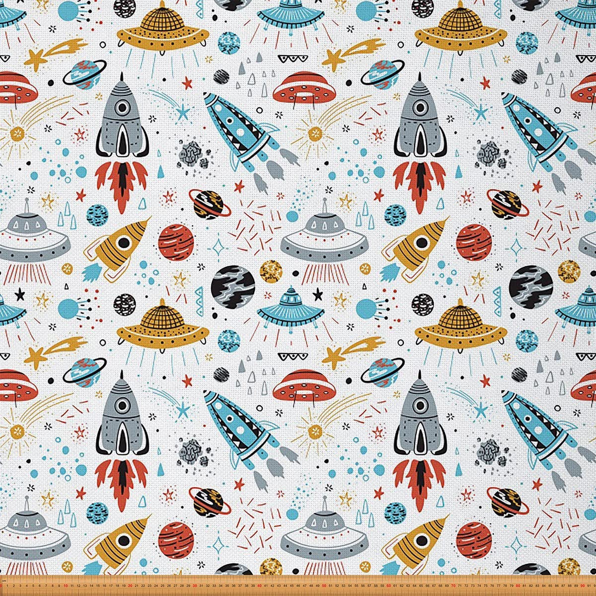 Outer Space Rocket Outdoor Fabric by The Yard Kids Cartoon Universe Planets Upholstery Fabric for Chairs Astronaut Adventure Decorative Fabric for Home DIY Projects 5 Yards,(L460*W150cm) White Gray