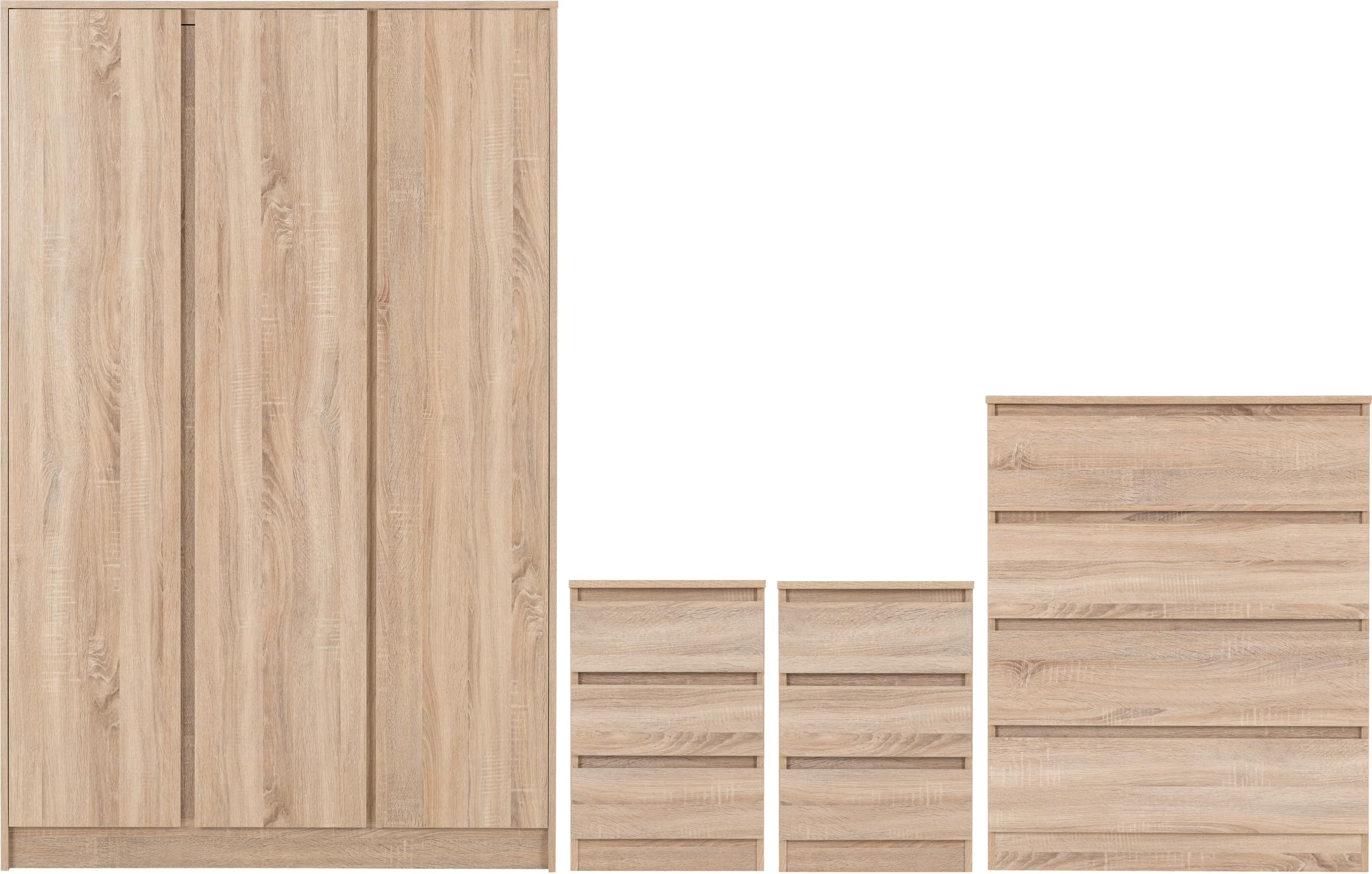 Seconique Malvern 3 Door Wardrobe Bedroom Set - Light Oak - Flat Pack - Modern Elegance
