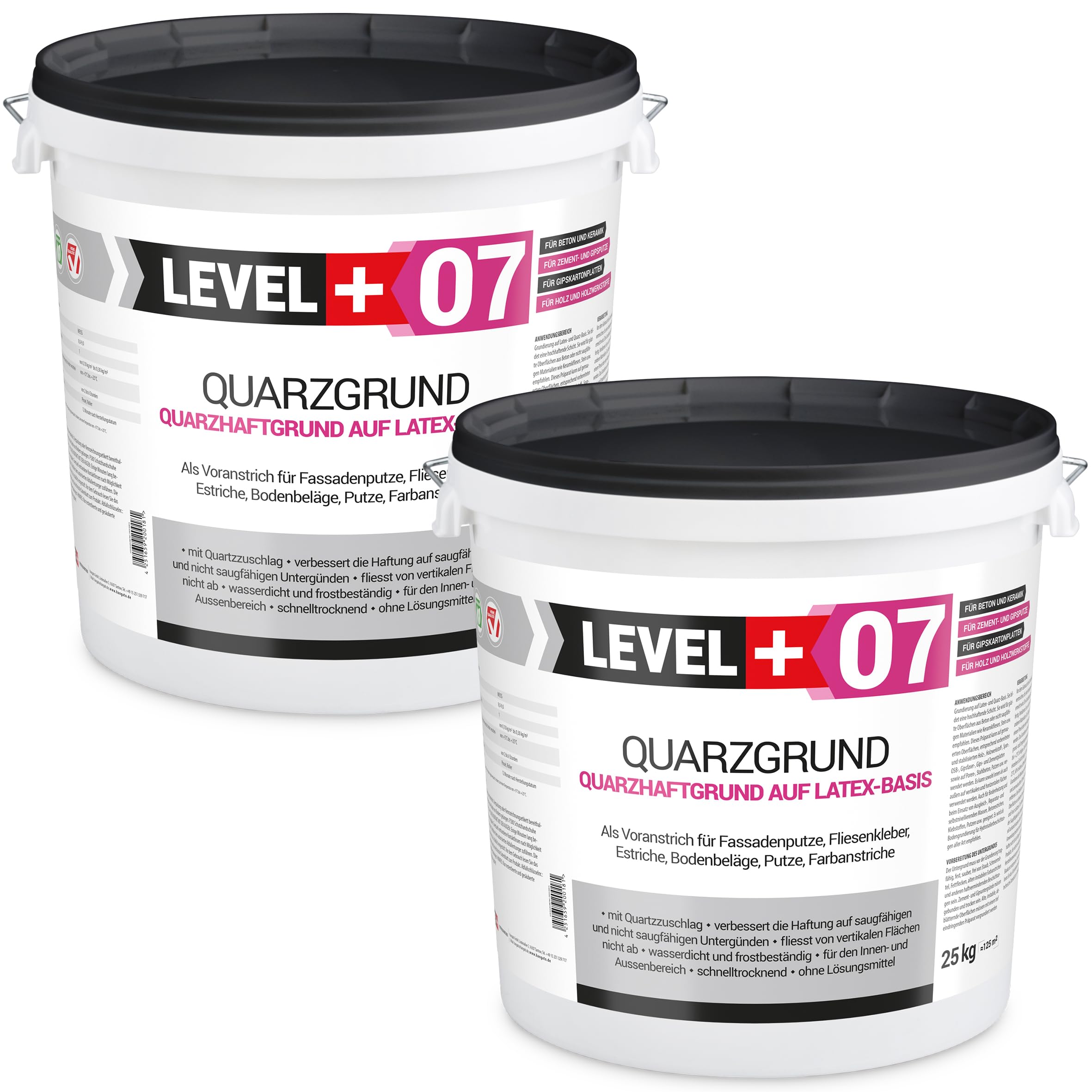 07 Quarzgrund mit Quarzsand unter Putze - Haftgrundierung für Innen & Außen - Weißer Putzgrund, Schnell Trocknend, Wasserabweisend & Lösemittelfrei - 50 kg mit Farbroller 25cm