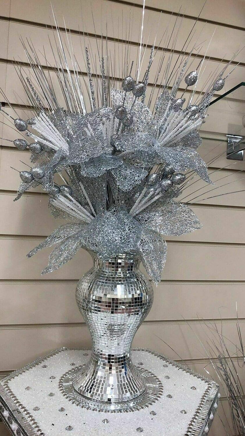 Shabjy Silver Mirrored Ceramic Vase 25Cm – Sparkling Diamante Bling Mosaic Flower Pot – Luxury Romany Style Home Décor – Artificial Flower Arrangement Display – Wedding Table Centrepiece