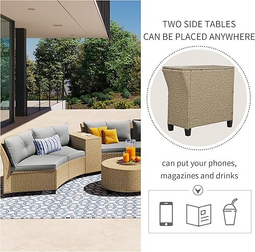 Miniatura 6 de Juego de sofá de media luna de 9 piezas, muebles de patio de ratán, juego de sofá medio redondo en forma de abanico con mesa redonda, juego