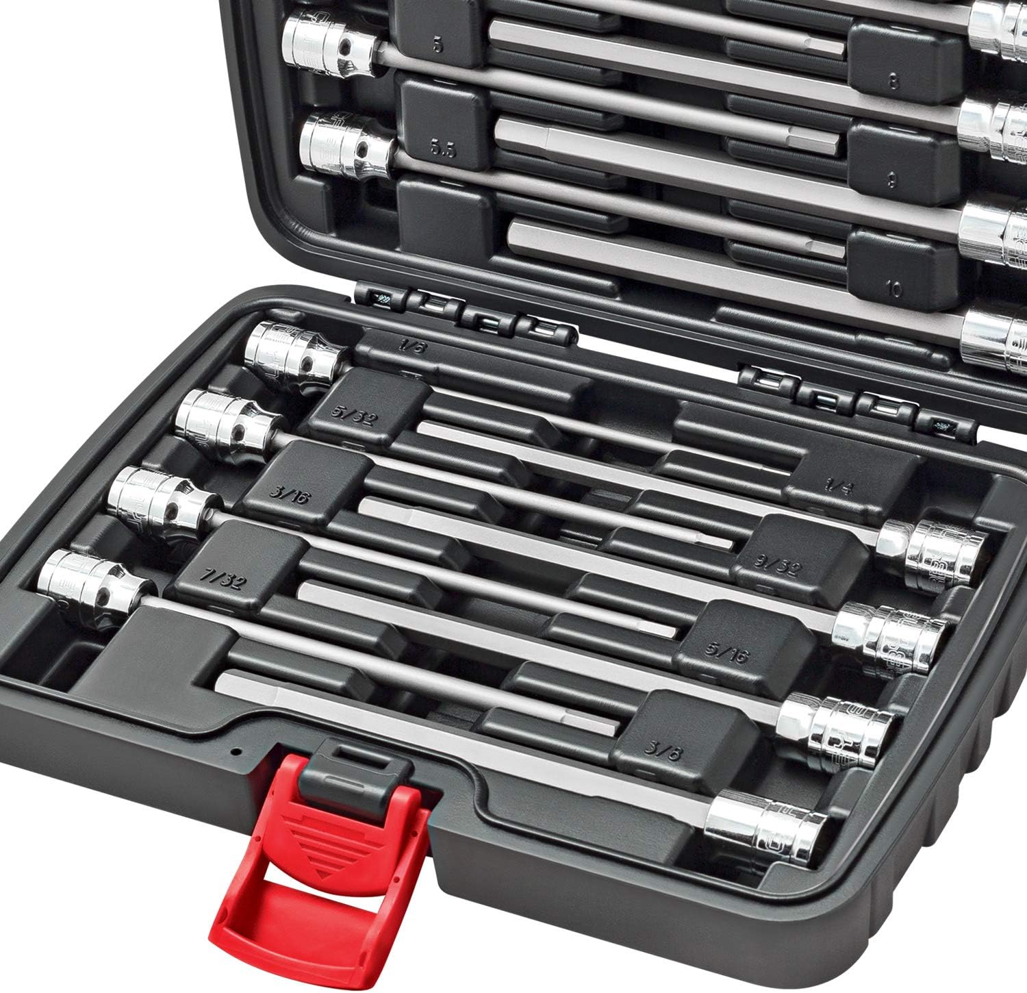 CARBYNE 18-Piece Extra Long Hex (Allen) Bit Socket Set, SAE 1/8 to 3/8 in. and Metric 3 to 10mm, 3/8 in. Drive, S2 Steel, CrV Sockets, 6.1 in. Length, Durable Case