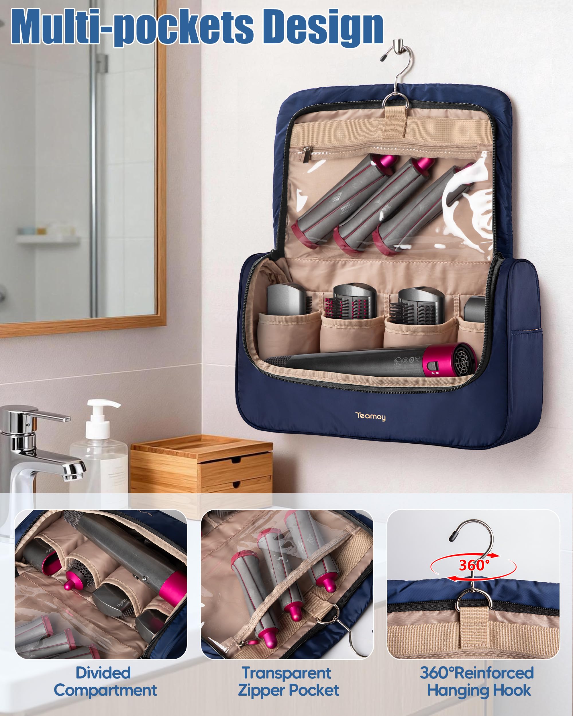 Teamoy Bolsa de Almacenamiento de Viaje Compatible con Dyson Airwrap, Organizador Portátil, Cilindro Largo, Azul Oscuro