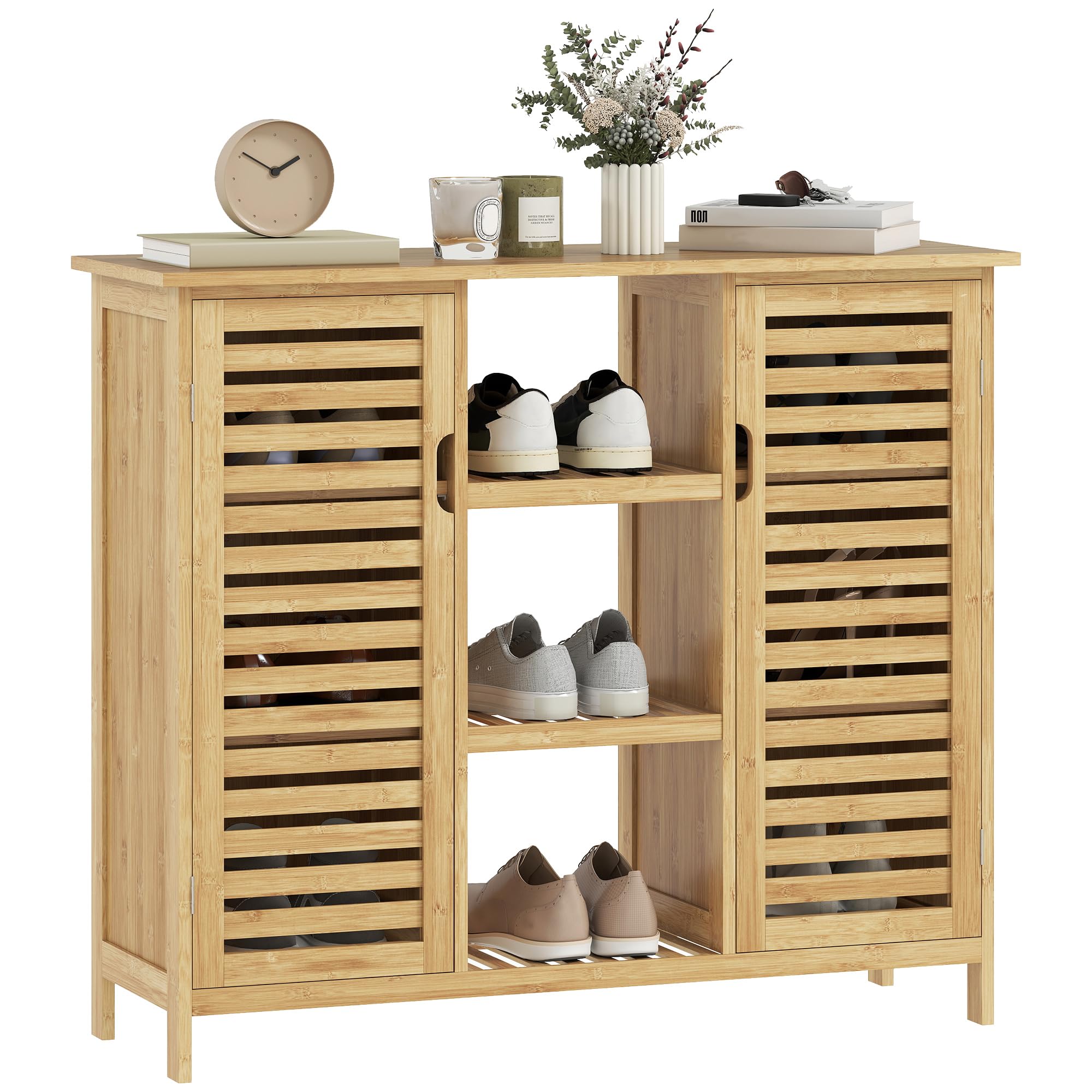 Armario de Almacenaje de Bambú 2 Puertas de Lamas 100x33x86 cm Natural | HOMCOM, Mueble Recibidor con Estantes y Compartimentos Abiertos, para Salón, Entrada