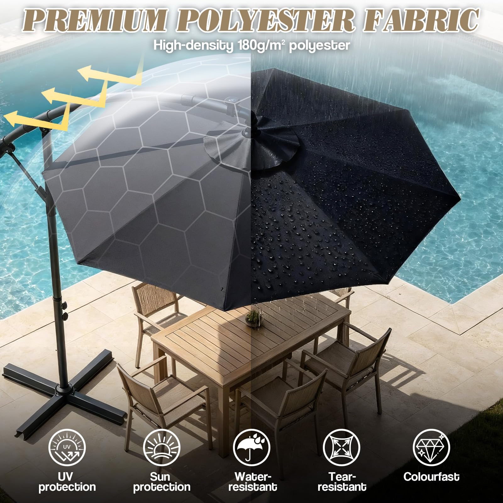 Verdego Parasol przeciwsłoneczny ze stojakiem, Ø 300 cm, parasol ogrodowy z korbą, parasol tarasowy, ochrona przed promieniowaniem UV, wiatroszczelny, wodoodporny, parasol rynkowy, obracany o 360°