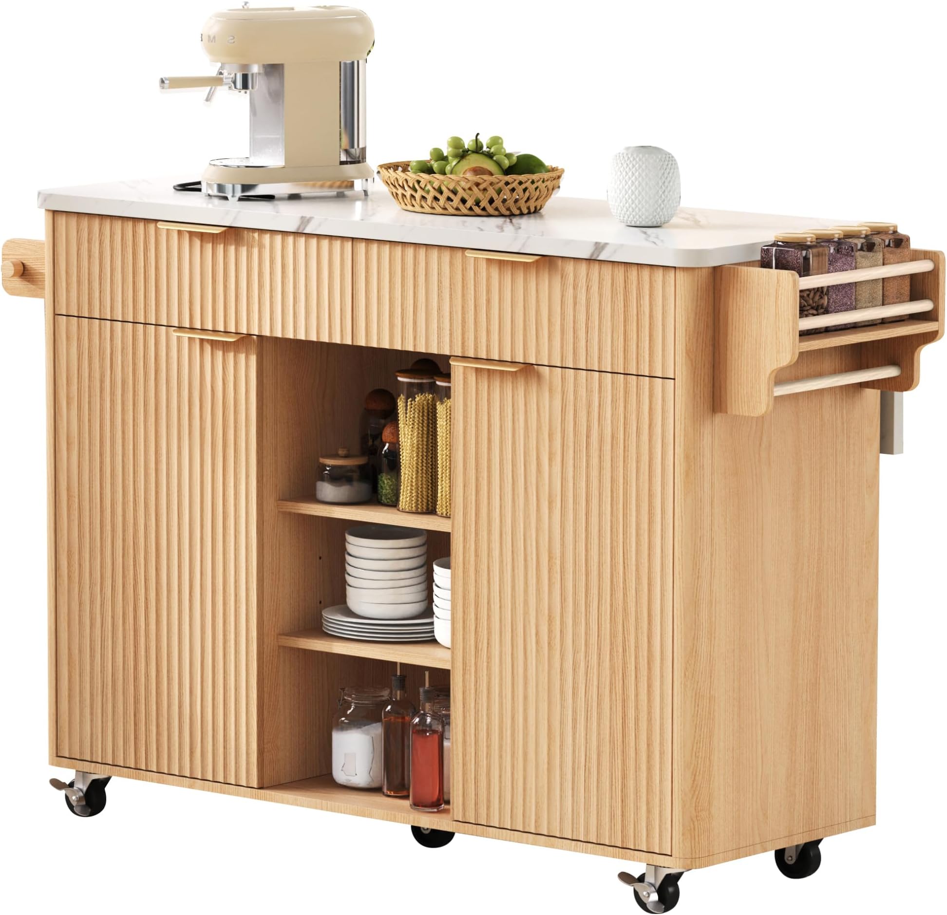52" Fluted Kitchen Island with Drop Leaf, Power Outlet, Kitchen Storage Cart with Adjustable Shelves, 2 Doors and 2 Drawers, Rolling Island Table with Faux Marble Top for Kitchen (Natural)