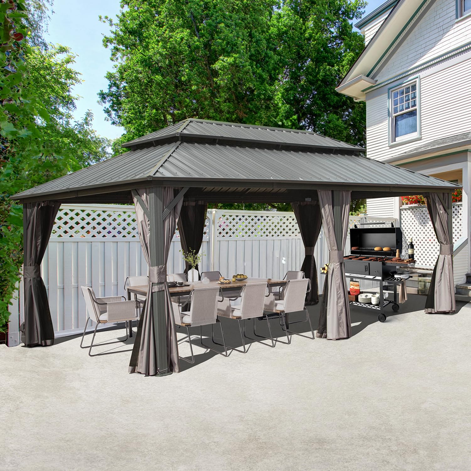 Domi 12' x 20' Hardtop Gazebo Permanent Metal Gazebo with Galvanized Steel Double Roof, Curtains and Netting for Patio, Backyard, Deck, Lawn, Grey