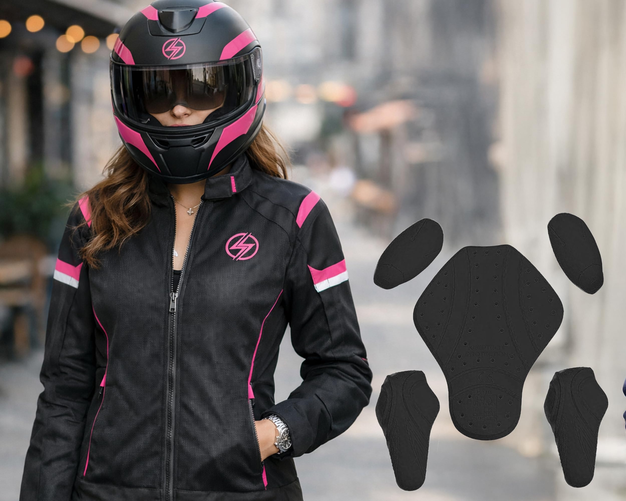 Générique Veste moto été femme Veste de protection respirante avec protections homologuées CE Tissu en maille léger et résistant Noir rose