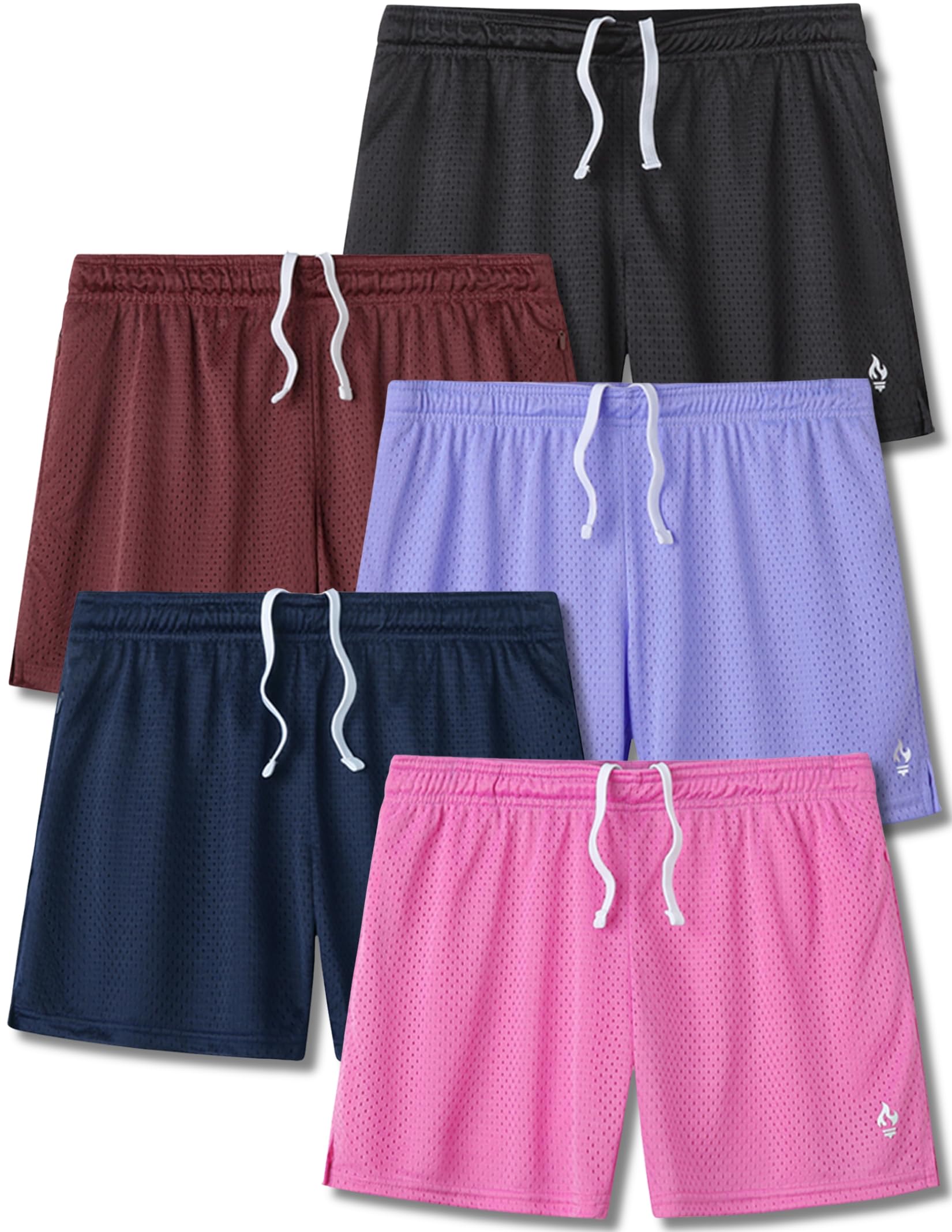 5-Pack Women's Athletic Mesh Shorts 5" Inseam, Ladies Loose Pull-On Shorts with Zipper Pockets