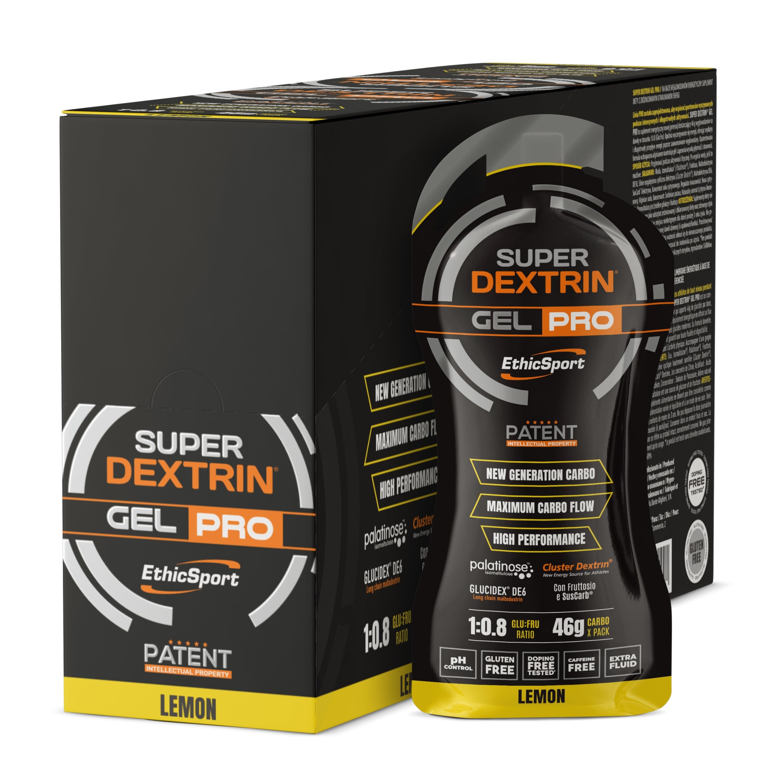 Super Dextrin GEL PRO EthicSport – Gel energetico con carboidrati evoluti 1:0,8 (Glu:Fru) da Cluster Dextrin, SusCarb, Palatinose e Fruttosio – Confezione da 15 x 60 ml - Gusto Limone