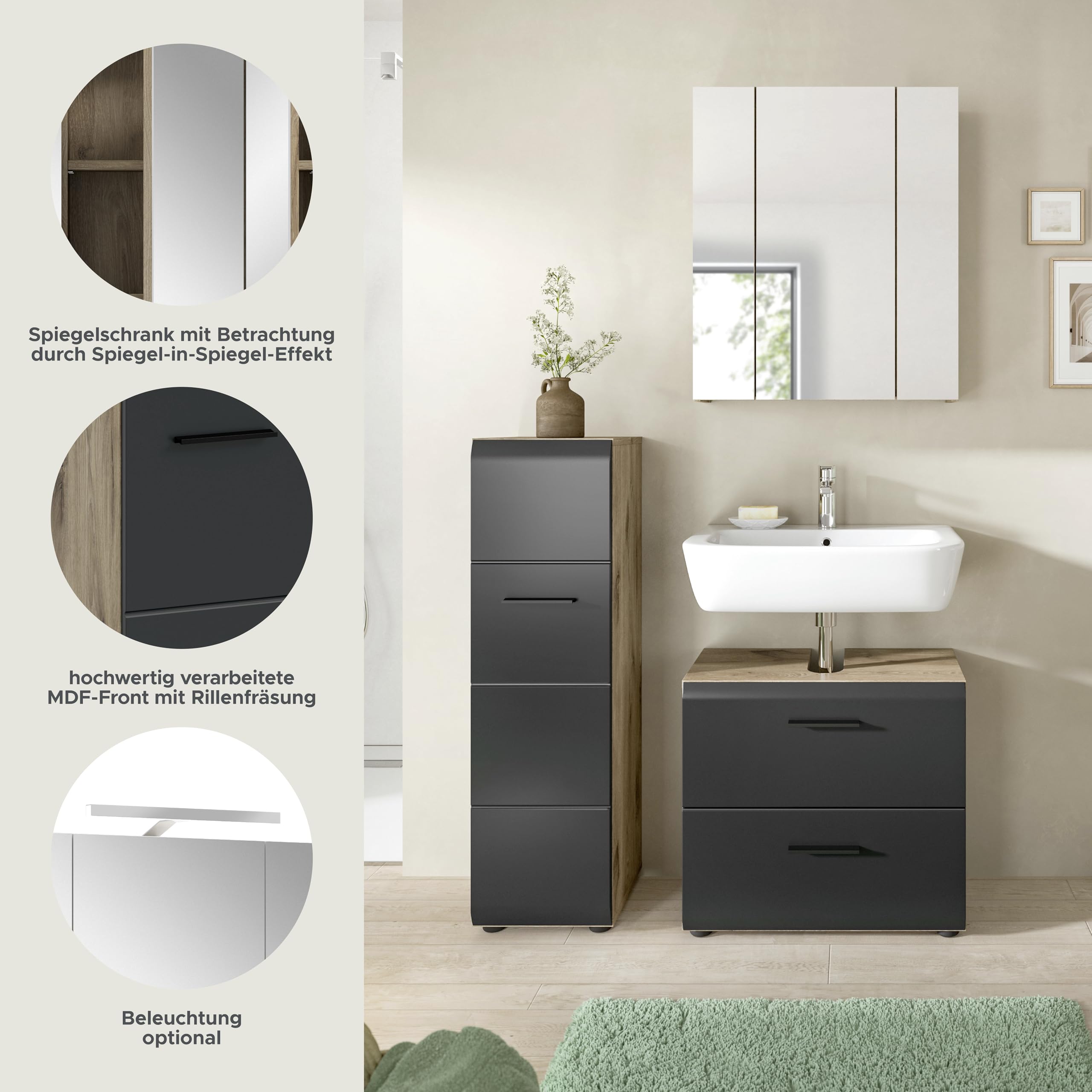 xonox.home – 3 TLG. Badezimmerkombination Ice 105x185x30 cm in Korpus Nox Oak Nachbildung und Front schwarz matt – Hochwertige Badmöbel-Kombi – modern – Bild 8