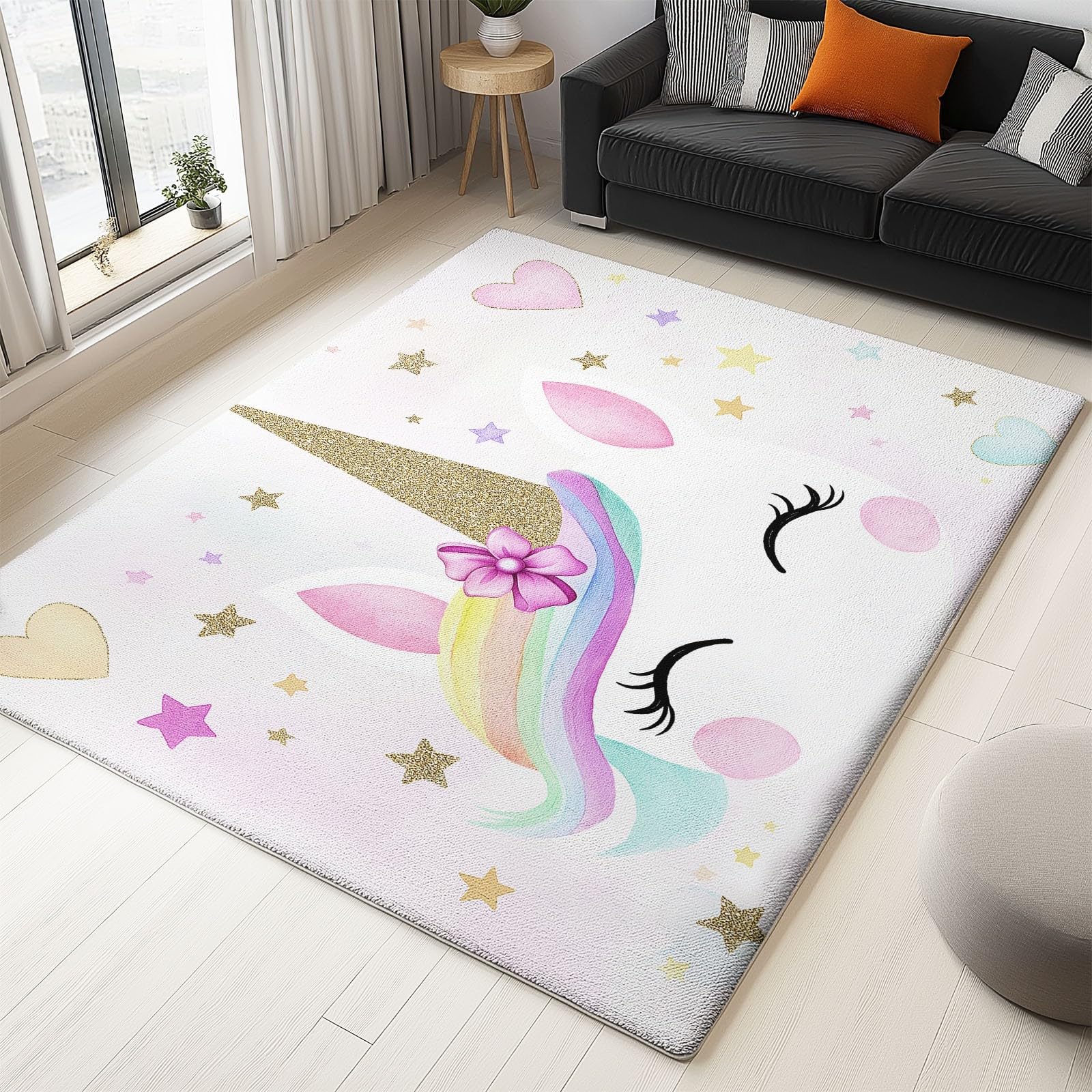 Stile Cartone Animato Tappeto Camera Da Letto 140 x 200 cm Unicorno Tappeto Salotto Antiscivolo Per Soggiorno Camera Da Letto Cameretta, Moderno Tappeto Lavabile In Lavatrice