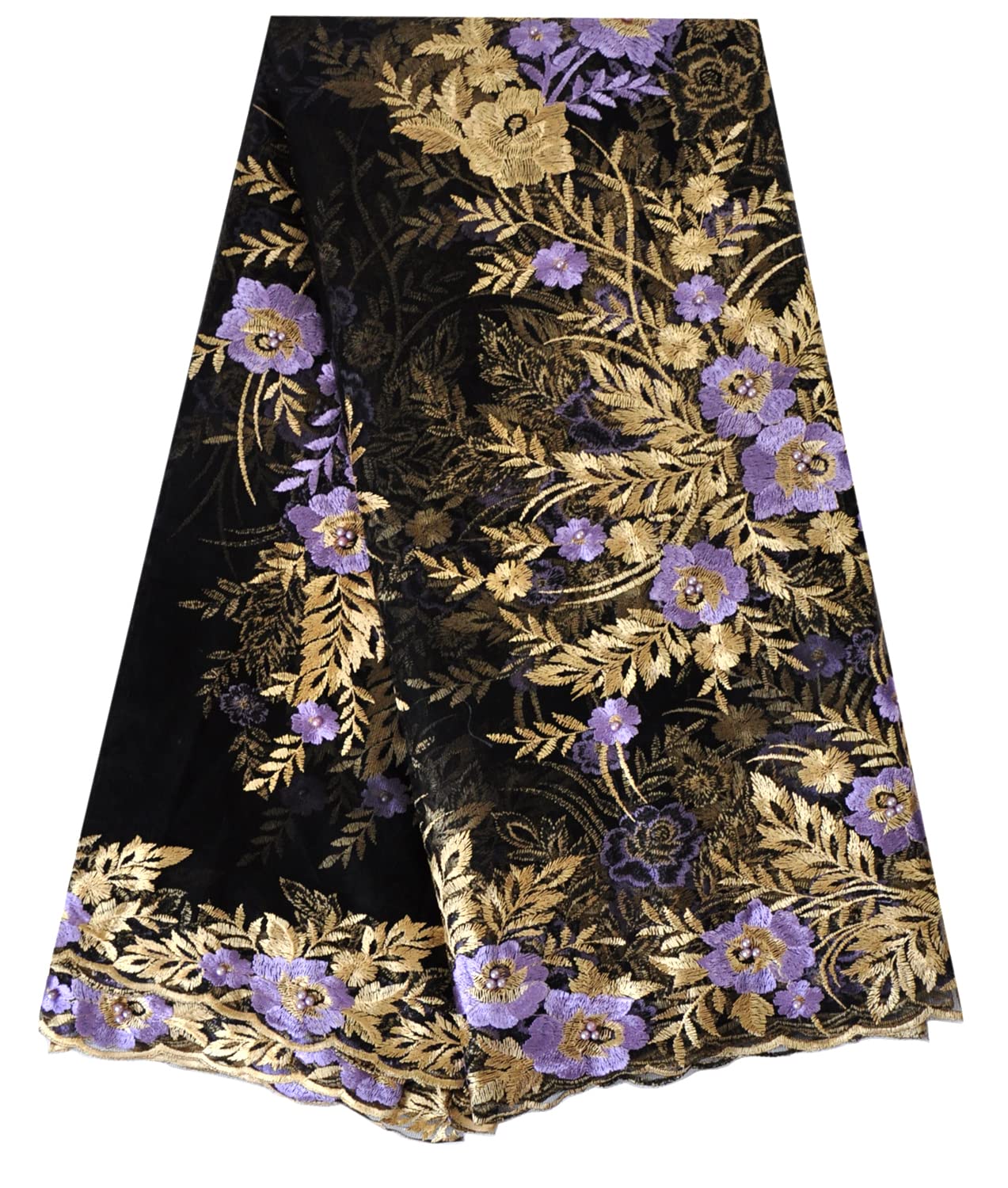 SanVera17 African Fabric Net Fabrics Embroidery Beaded Nigerian Embroidered Lace Fabric for Party Dress (Violet) 5 Yards 2205-1