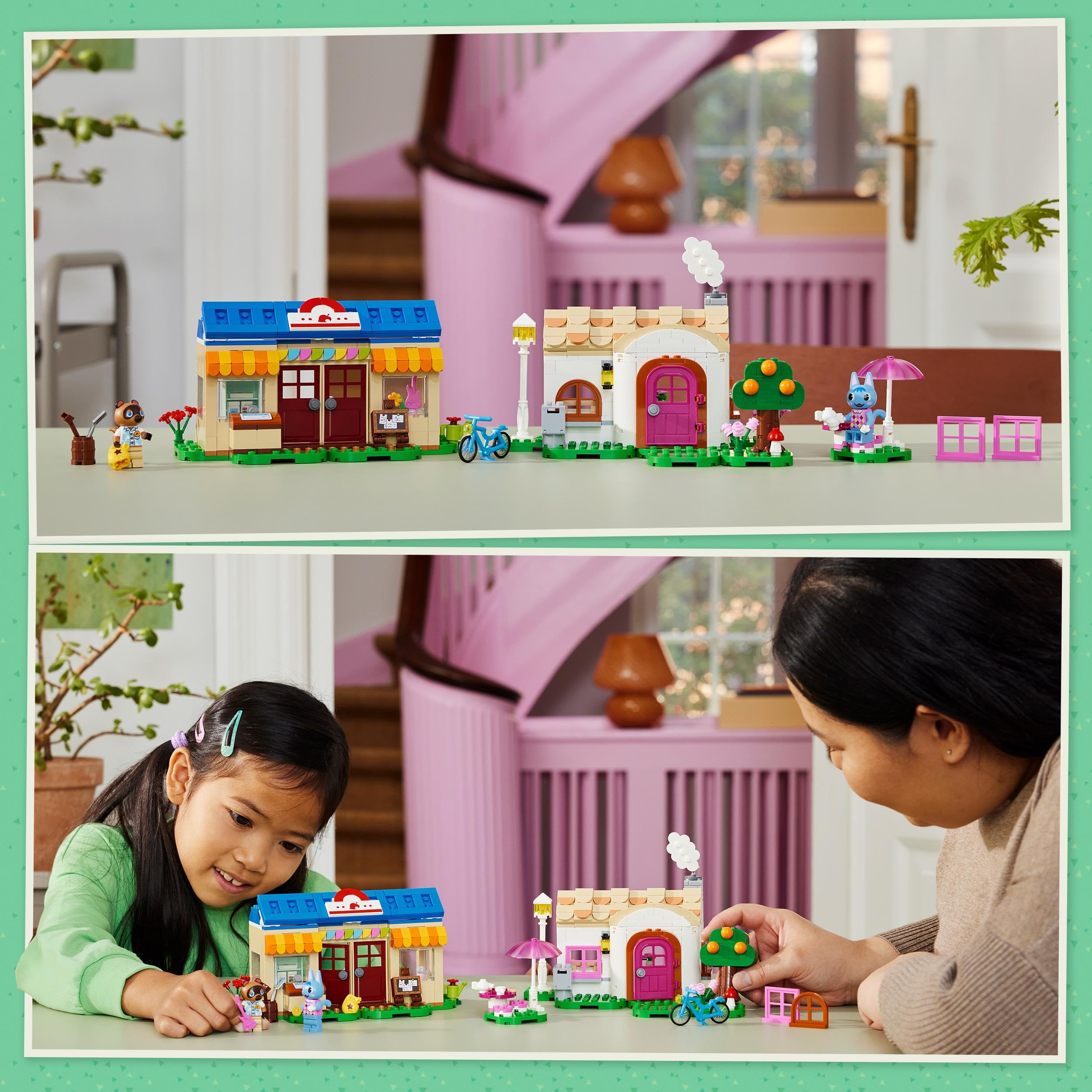 LEGO Animal Crossing Bottega di Nook e casa di Grinfia, Giochi Creativi per Bambini da 7 Anni, Modellini da Costruire di Negozio e Casa Giocattolo con 2 Personaggi della Serie di Videogiochi 77050