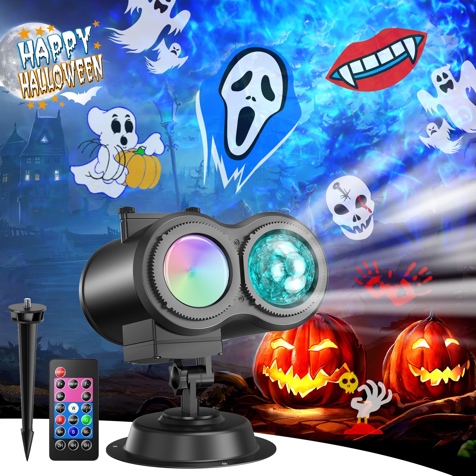 Projecteur Noel Exterieur Interieur, 2-in-1 10 Couleurs Effet 20 Diapositives Projecteur LED Noel Avec Télécommande et Fonction de Minuterie,Adapté pour Décoration de Noël, Pâques, Thanksgiving, Fête