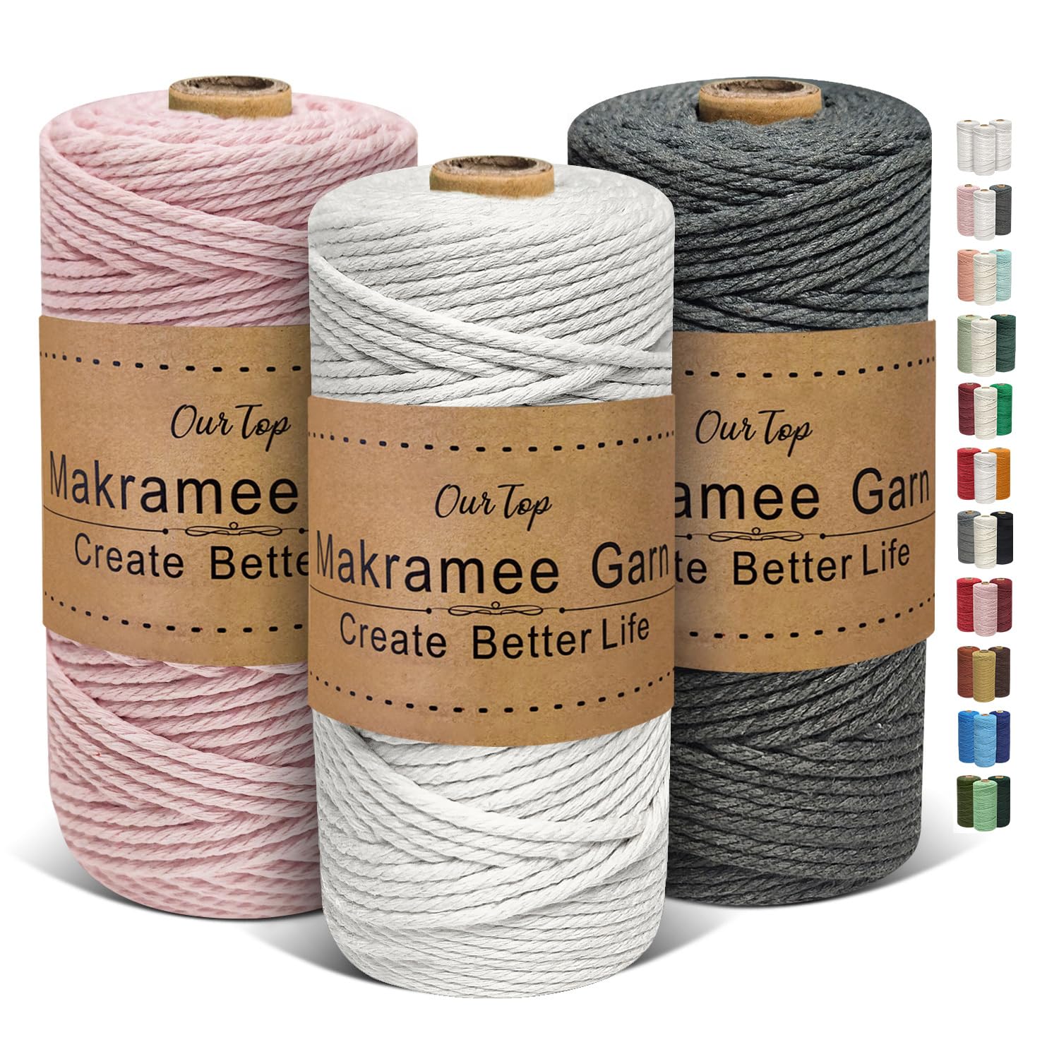 OurTop 3 Rolls Premium Macrame Cord, 3mm x 100m Braided Macrame Rope Twisted Cord Yarn Macrame Yarn Thick Rope for Wall Hangings, Plant Hangers, DIY Crafts(Beige, Light Pink, Grey) — image 1