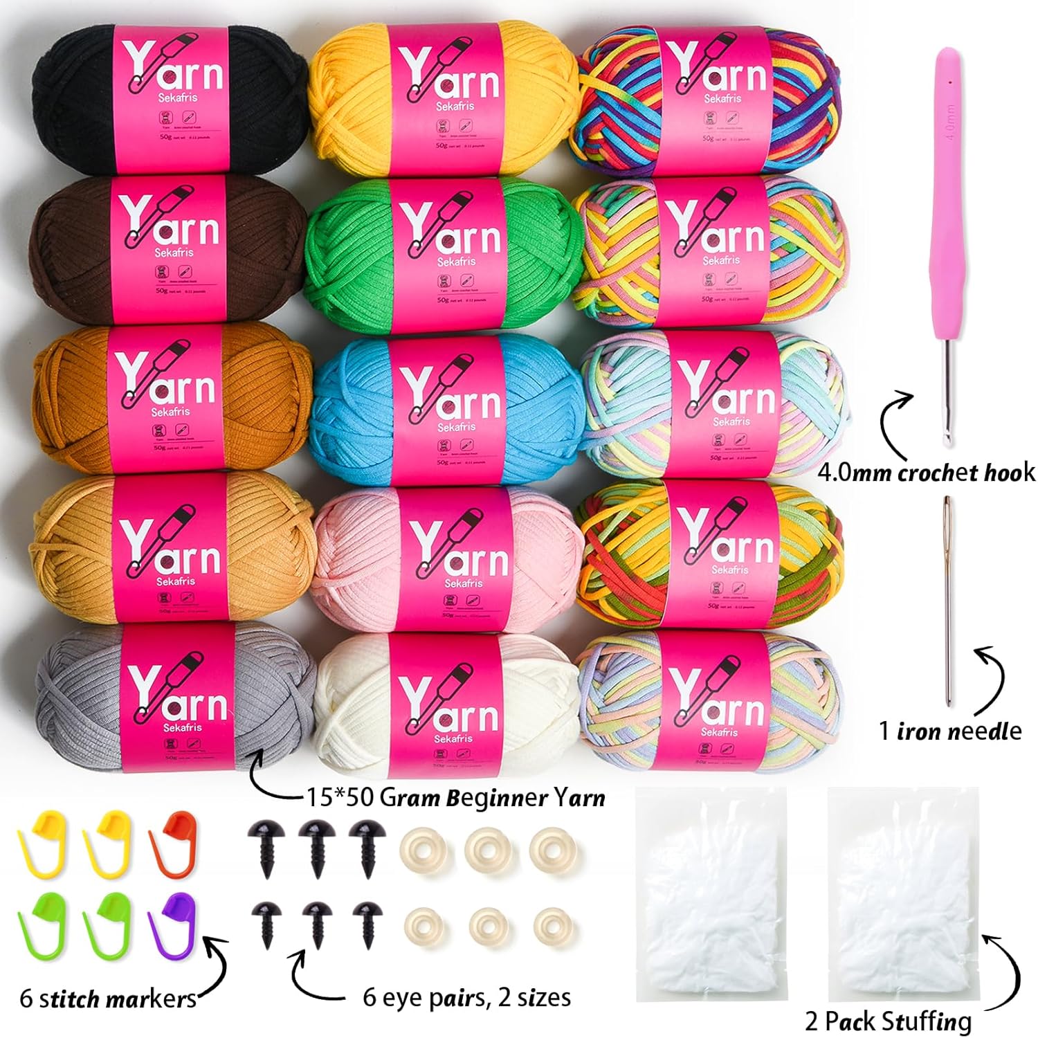 15 Pack Crochet Yarn Beginner - Black, White, Orange, Red, Green, Rainbow, Pink, Yellow Cotton Chunky Yarn - with Easy-to-See Stitches for Crocheting (15 * 50g)
