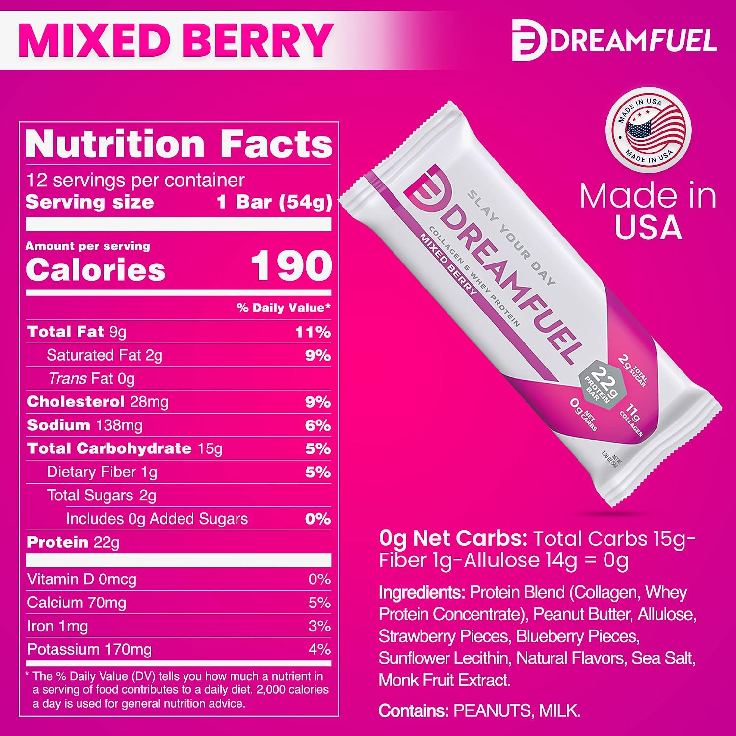 DREAM FUEL High Protein Bar, Mixed Berry, 22g Protein, 11g Collagen, 0g Net Carbs, Low Sugar, Low Carb, Low Calorie, No Sugar Alcohols, No Added Sugar, Gluten Free, Keto Friendly, Non-GMO