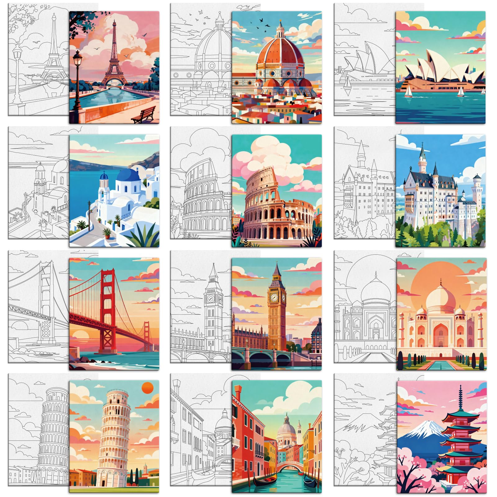 MAYJOYDIY 12 tele pre-disegnate per dipingere attrazioni turistiche, per adulti, 25 x 20 cm, fai da te, per principianti, studenti, regali per feste