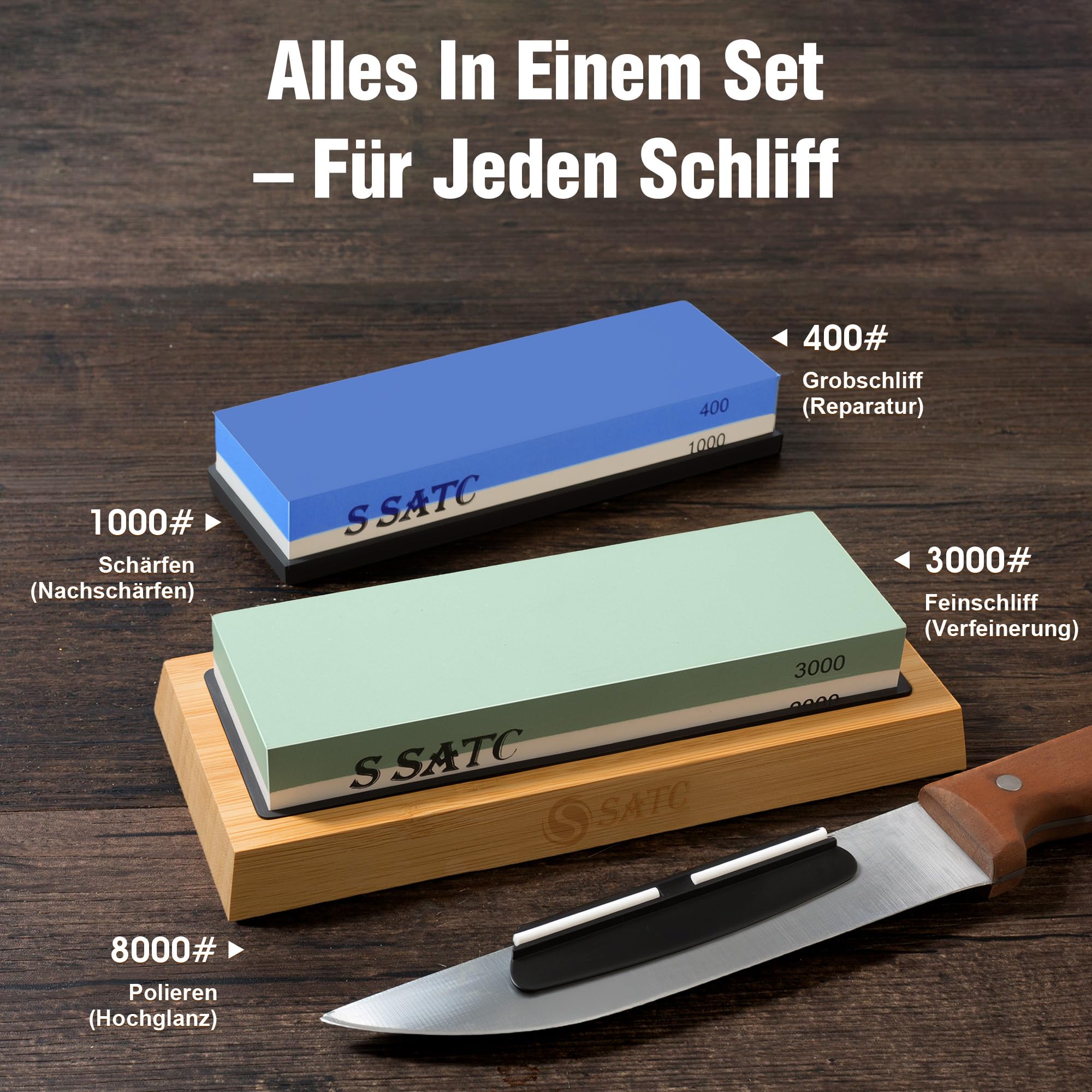 Schleifstein Set 400/1000/3000/8000 Körnung - Hochwertig Wetzstein Messerschärfer mit Bambusständer & Abziehleder – für Küchen & Taschenmesser
