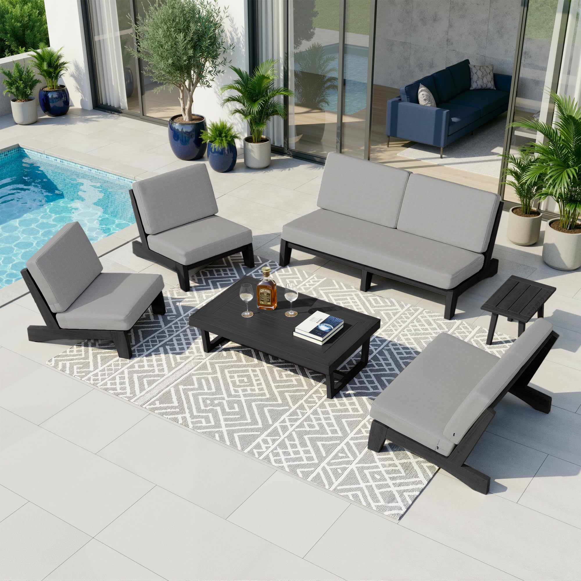 Pia Ricoo 6-Piece Patio Furniture Set, Outdoor Sofa with Loveseat, 2 Chairs, Coffee Table &amp; Side Table, All-Weather Conversation Set for Backyard/Deck/Lawn - Gray/Dark