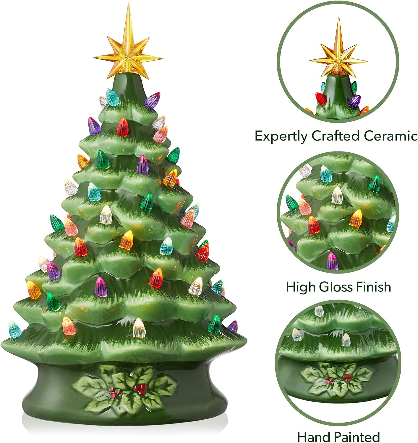 Casafield Hand Painted Ceramic Christmas Tree, Green 15-Inch Pre-Lit Tree with 128 Multi Color Lights and 2 Star Toppers