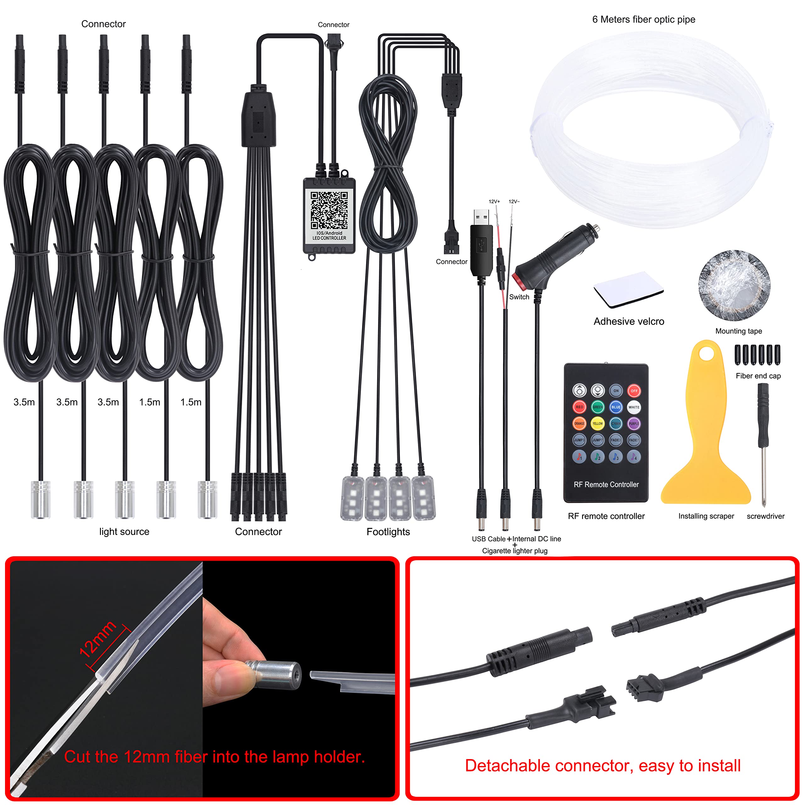 Lumières de Bande intérieure de Voiture, 5 en 1 Kit d'éclairage ambiant Voiture Multicolore RVB Footwell, Lumière de Tube néon à Fibre Optique EL de 6m, Sync Musique Télécommande RF + APP 12V
