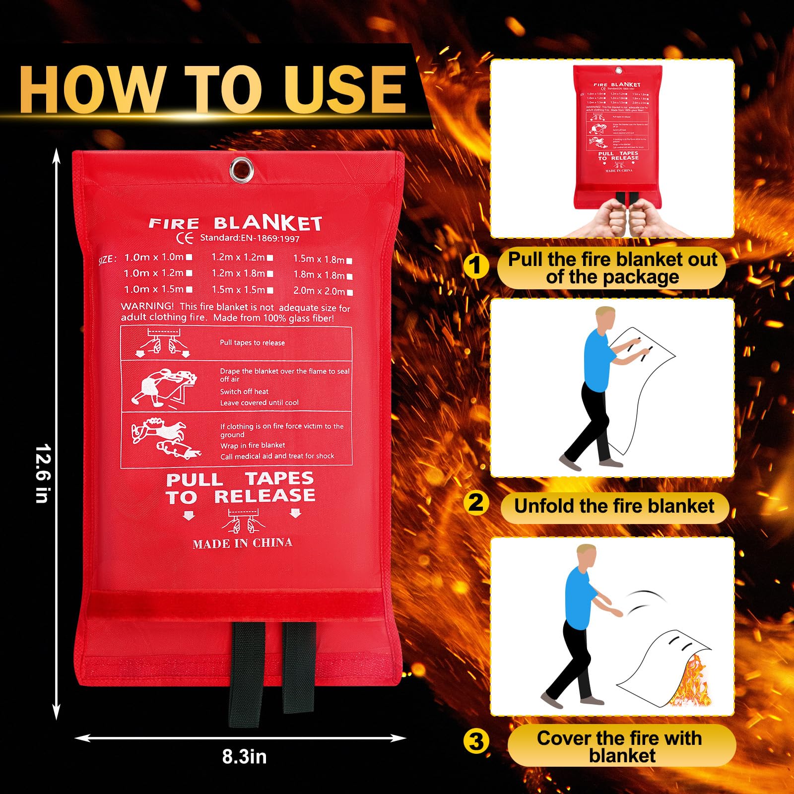 Copkim Paquete de 4 mantas ignífugas para el hogar y la cocina, 47 x 47 pulgadas, manta de emergencia para supresión de incendios de fibra de vidrio con gancho, guantes, silbatos, manta de seguridad