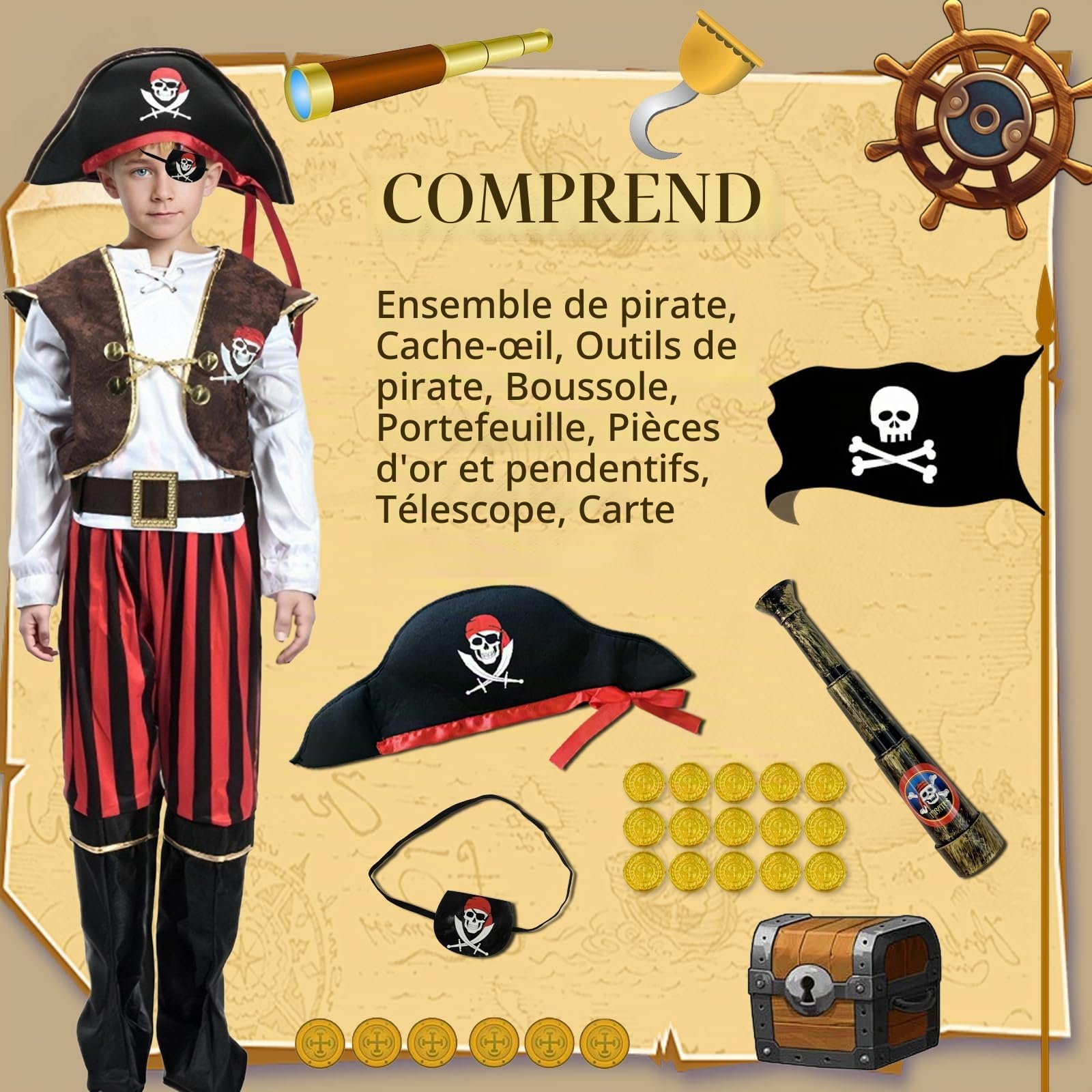 Xerteam Lot de 5 costumes de pirate pour enfant - 22 accessoires de pirate - Décoration d'anniversaire d'enfant - Costume de jeu de rôle pour enfants de 4 à 7 ans